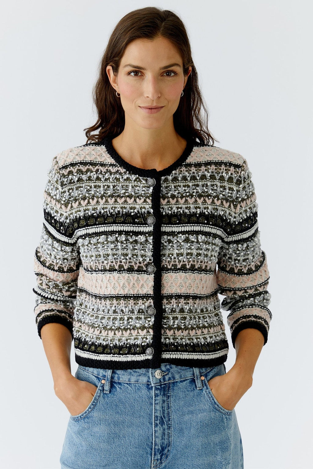 Oui 94828 Jacke 0683 Khaki Rose Striped Cardigan Jacket - Dotique - Oui