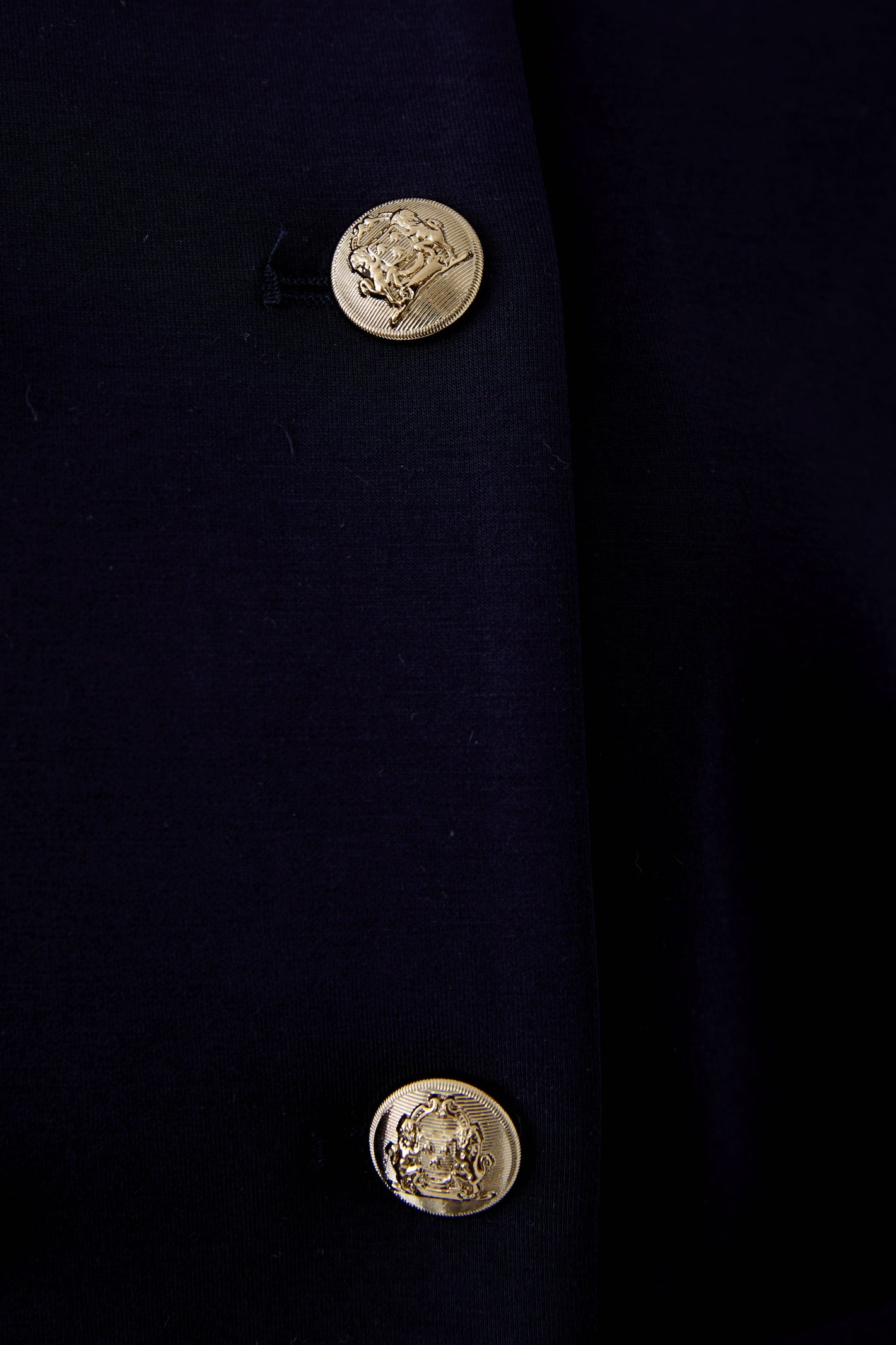 Close-up of gold emblem buttons on Oui 96341 Navy Blue Collarless Jacket with Gold Buttons by Oui Shop Oui at Dotique