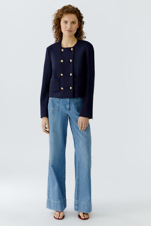 Woman wearing Oui 96341 Navy Blue Collarless Jacket with Gold Buttons by Oui, shop Oui at Dotique online store.
