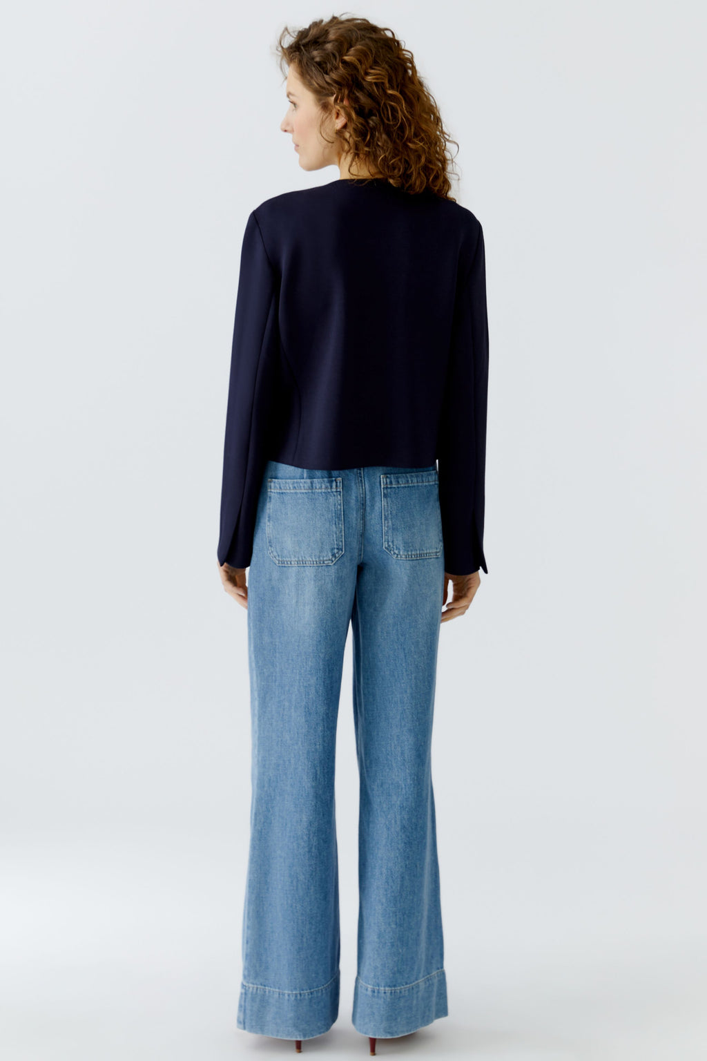 Back view of Oui 96341 Navy Blue Collarless Jacket with Gold Buttons by Oui styled with jeans Shop Oui at Dotique