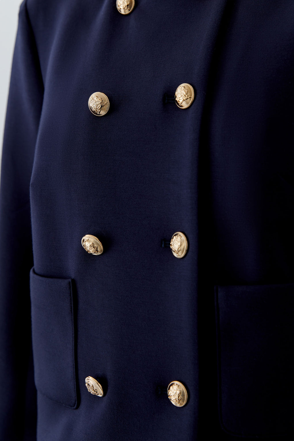 Close-up of gold buttons on Oui 96341 Navy Blue Collarless Jacket with Gold Buttons by Oui Shop Oui at Dotique for elegant style