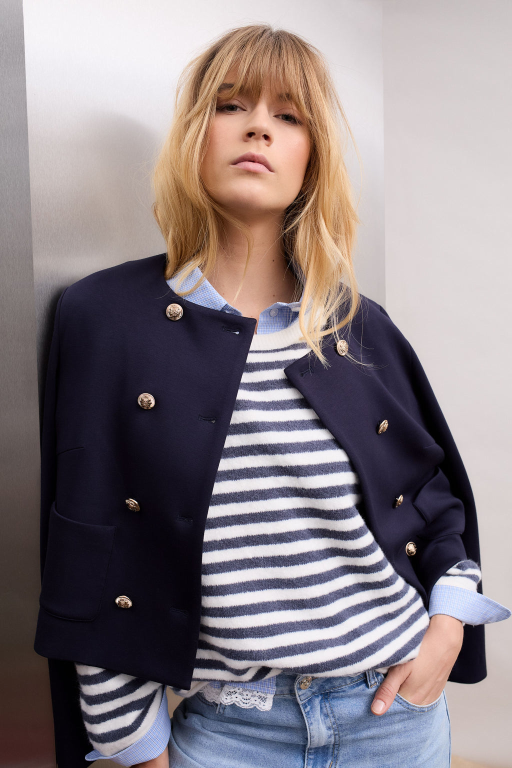 Model wearing Oui 96341 Navy Blue Collarless Jacket with Gold Buttons by Oui styled with casual layers Shop Oui at Dotique