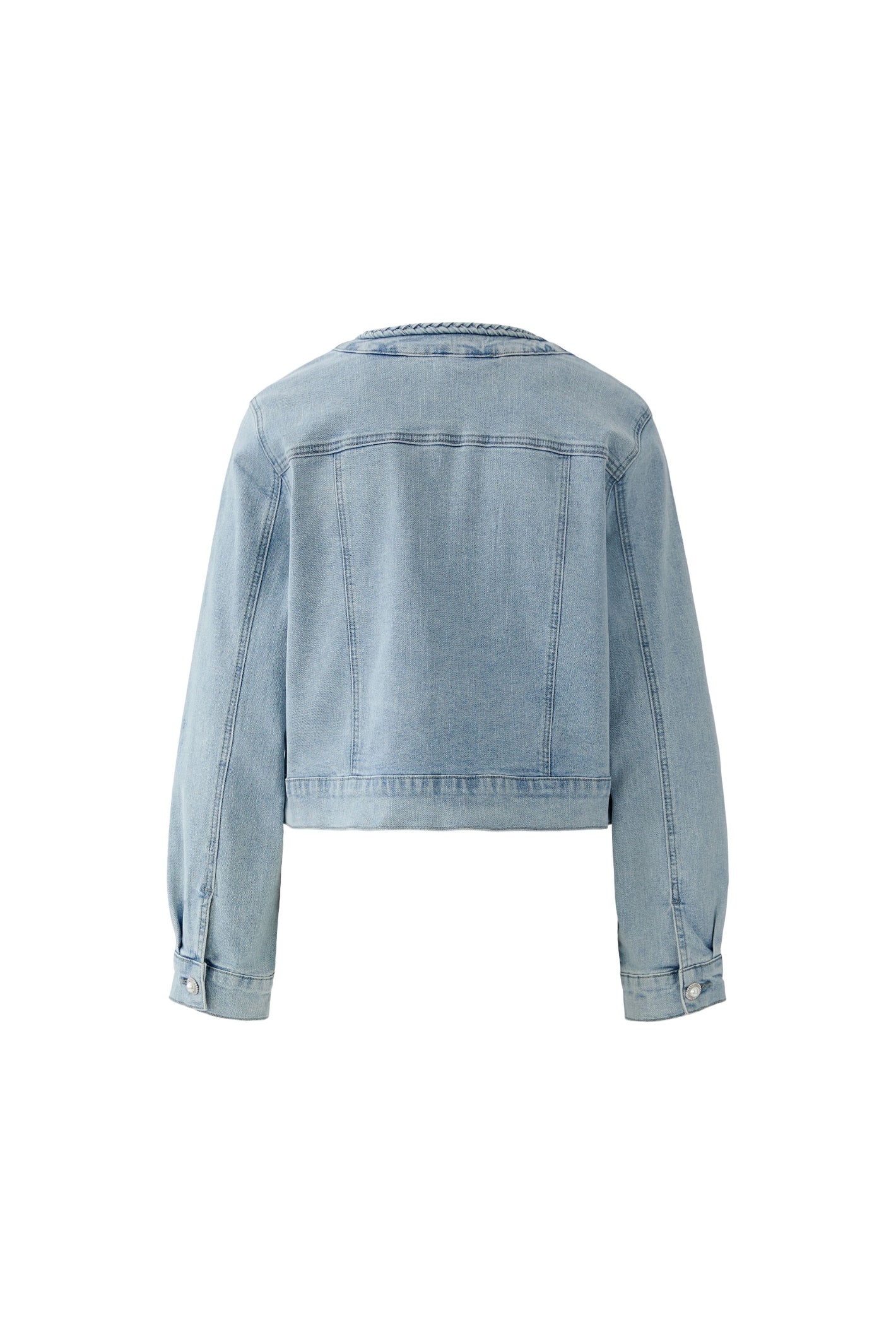 Back view of Oui 96342 Light Denim Jacket by Oui showcasing stitching details Shop Oui at Dotique for stylish denim layers