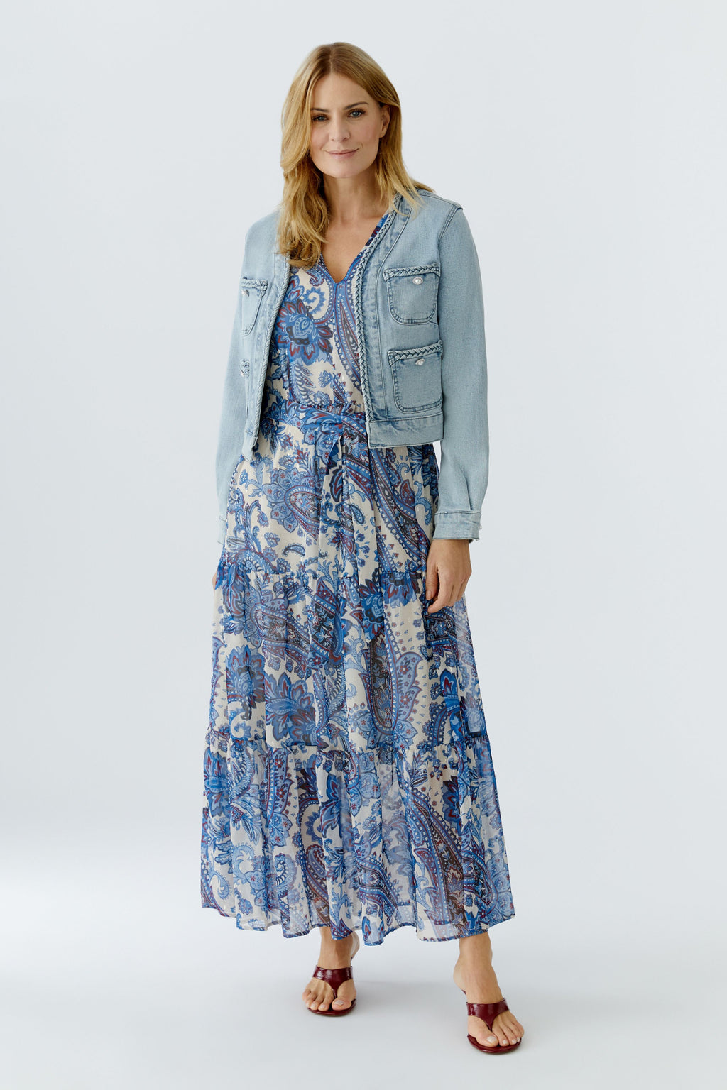 Oui 96342 Light Denim Jacket by Oui styled over patterned maxi dress shop Oui at Dotique for modern denim layers