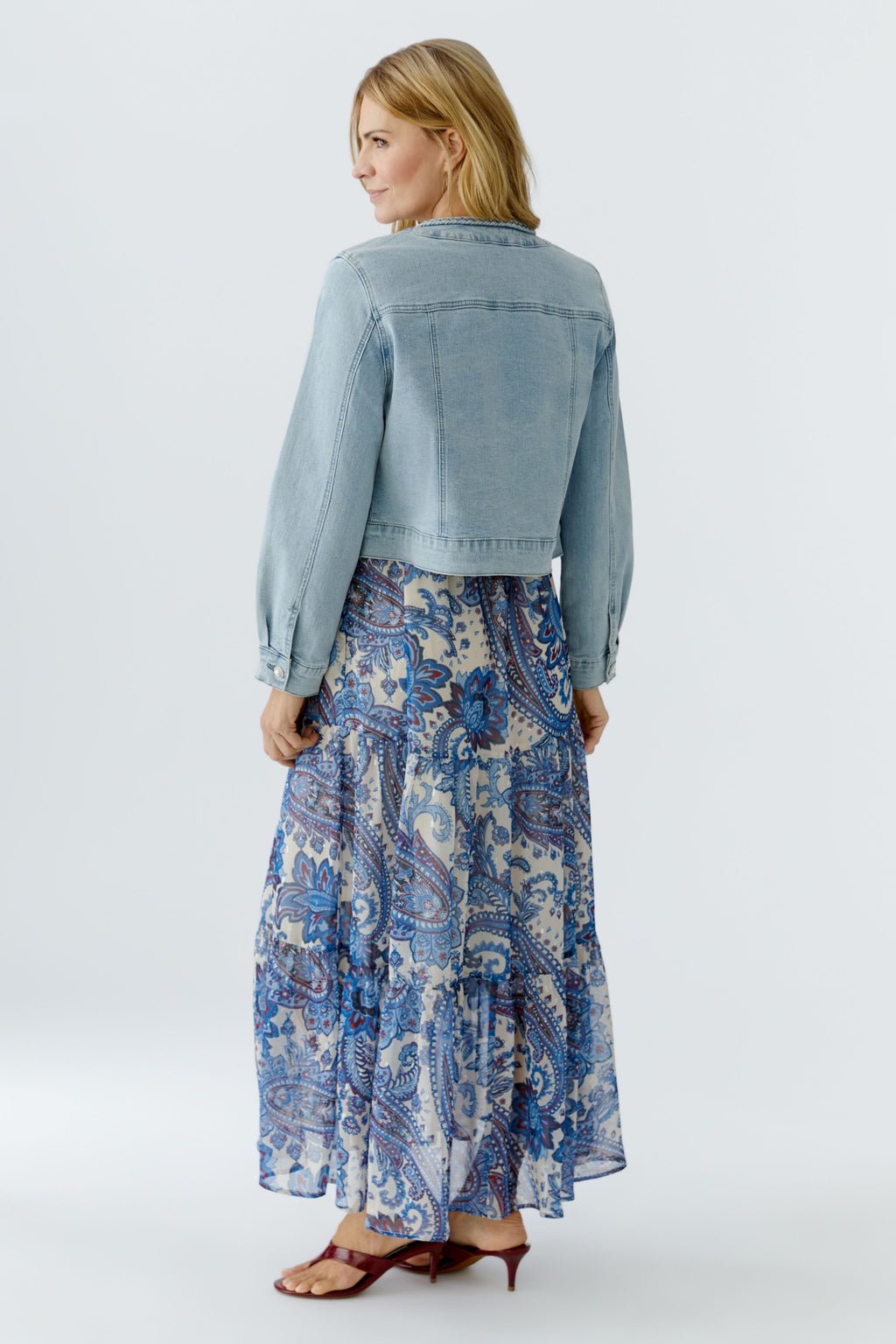 Back view of Oui 96342 Light Denim Jacket by Oui styled over floral maxi dress shop Oui at Dotique