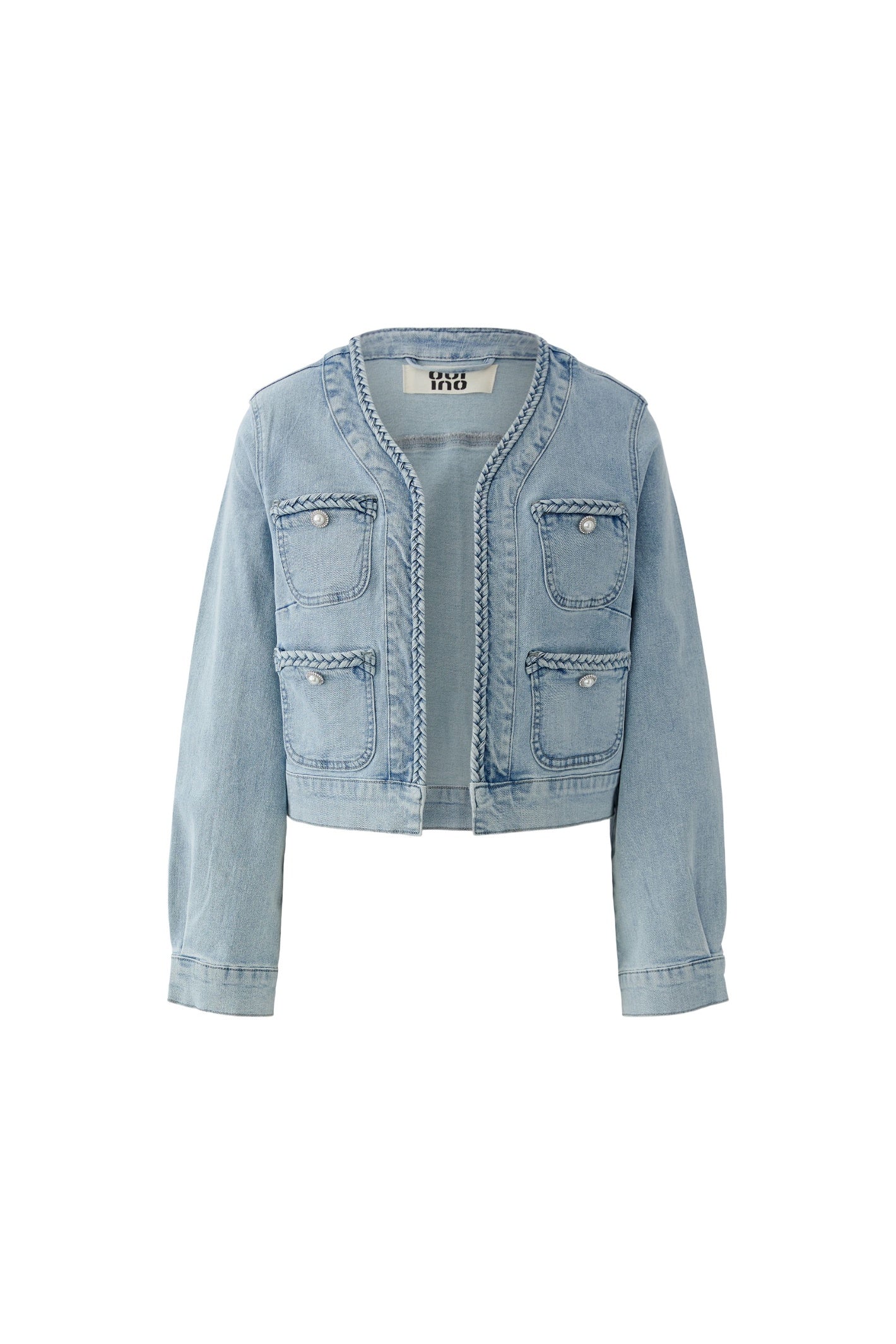 Oui 96342 Light Denim Jacket by Oui featuring braided trim and pockets Shop Oui at Dotique for contemporary denim layers