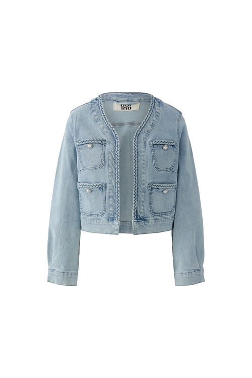Oui 96342 Light Denim Jacket by Oui featuring braided trim and pockets Shop Oui at Dotique for contemporary denim layers