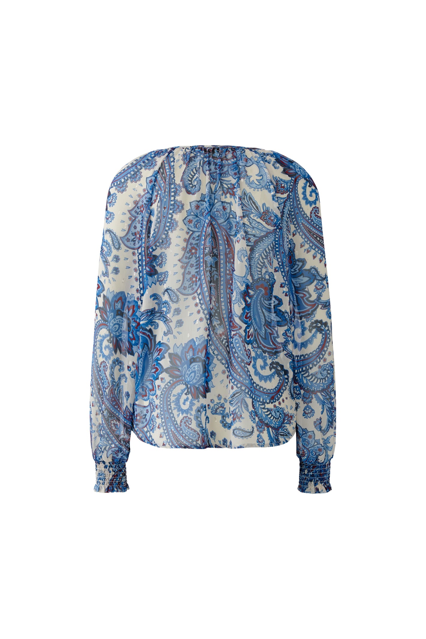 Oui 96462 Blue Patterned Blouse with Tie Neck from Oui featuring blue paisley design, shop Oui at Dotique for elegant styles