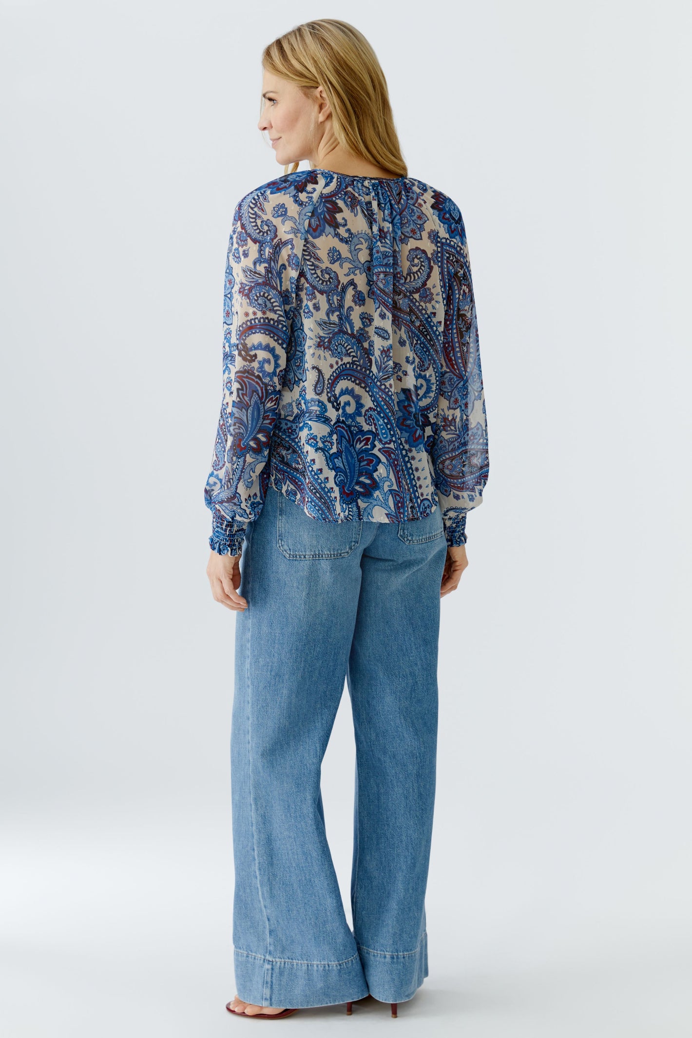 Back view of Oui 96462 Blue Patterned Blouse with Tie Neck by Oui worn with jeans shop Oui at Dotique
