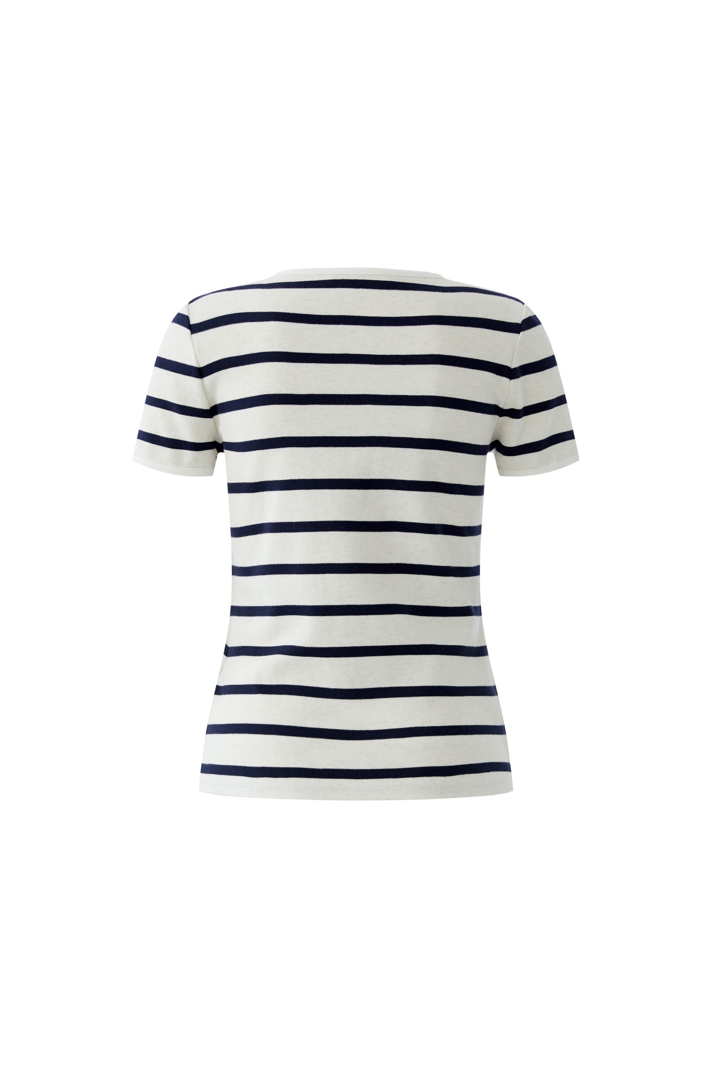 Back view of Oui 96692 Navy/ Cream V Neck T Shirt with Gold Button Detail by Oui Shop Oui at Dotique in soft cotton stripes
