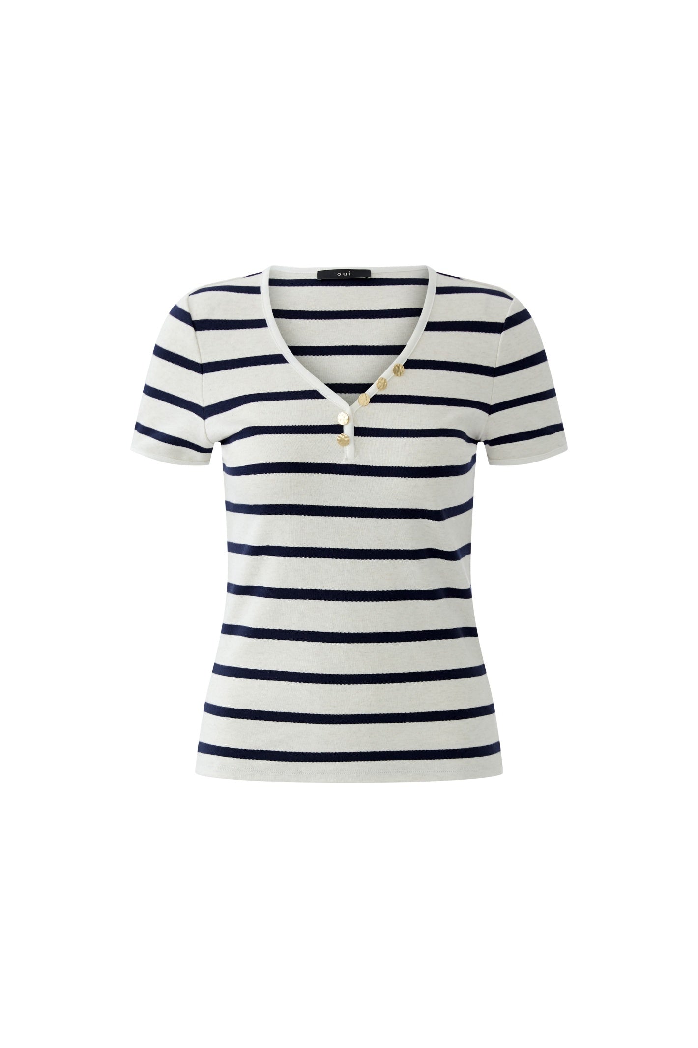 Oui 96692 Navy/ Cream V Neck T Shirt with Gold Button Detail by Oui in soft cotton stripes Shop Oui at Dotique
