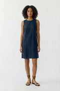 Front view of Oui 97177 Linen Patch Pocket Dress Dark Blue by Oui, shop Oui at Dotique for elegant linen style