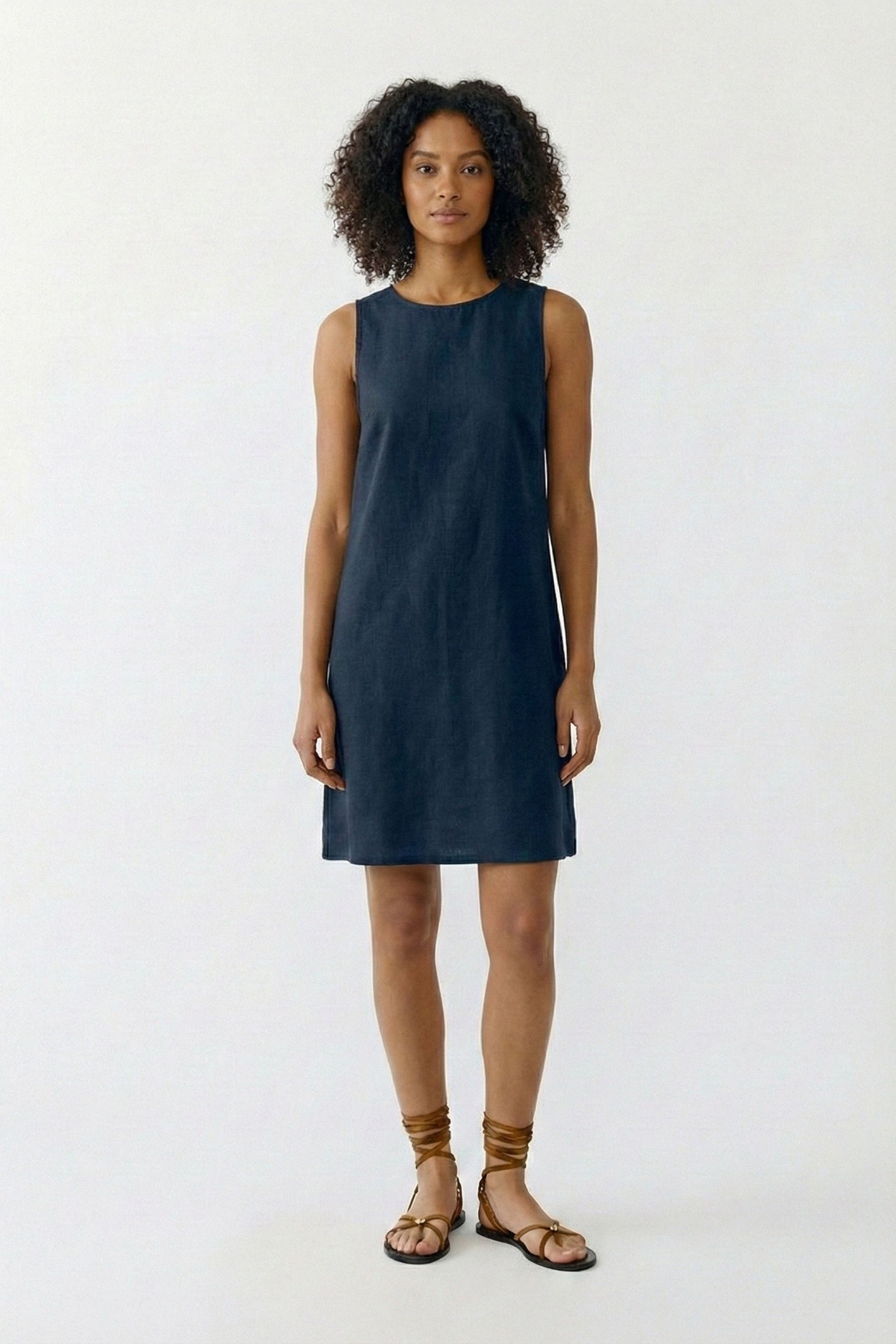 Front view of Oui 97177 Linen Patch Pocket Dress Dark Blue by Oui, shop Oui at Dotique for elegant linen style