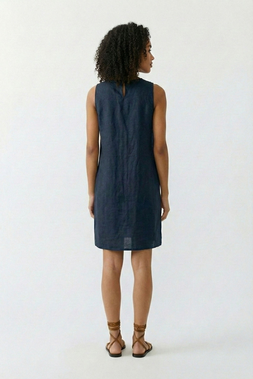 Back view of Oui 97177 Linen Patch Pocket Dress Dark Blue by Oui, shop Oui at Dotique for elegant linen dresses