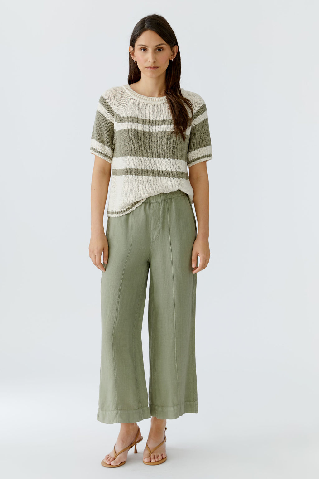 Woman modeling Oui 97251 Stripe Short Sleeve Knit White Green by Oui, shop Oui at Dotique for chic knitwear style