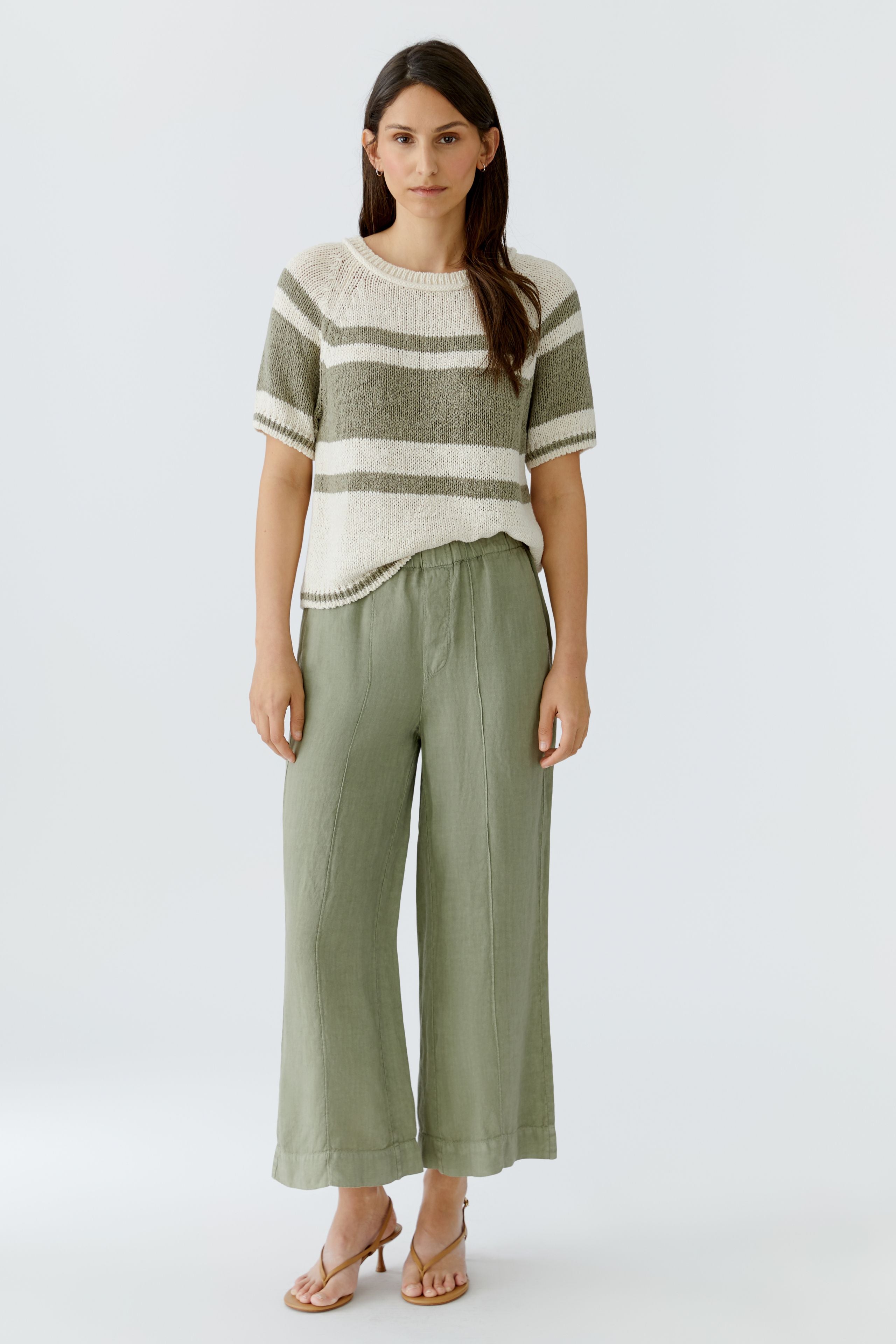 Woman modeling Oui 97251 Stripe Short Sleeve Knit White Green by Oui, shop Oui at Dotique for chic knitwear style