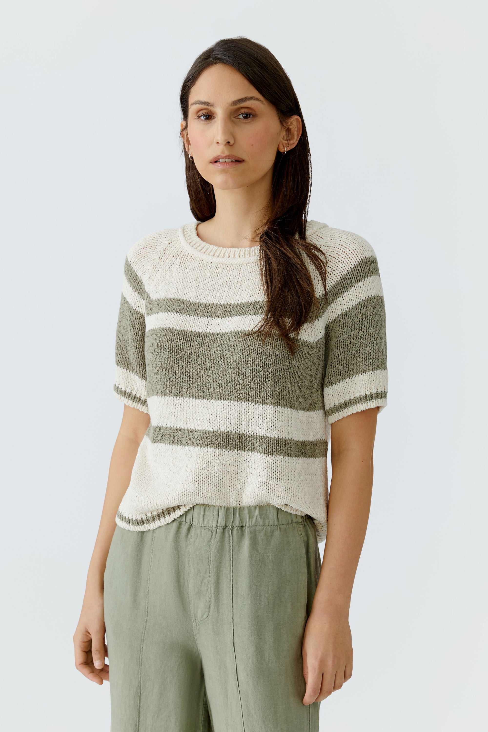 Woman wearing Oui 97251 Stripe Short Sleeve Knit White Green by Oui, shop Oui at Dotique for casual knitwear elegance