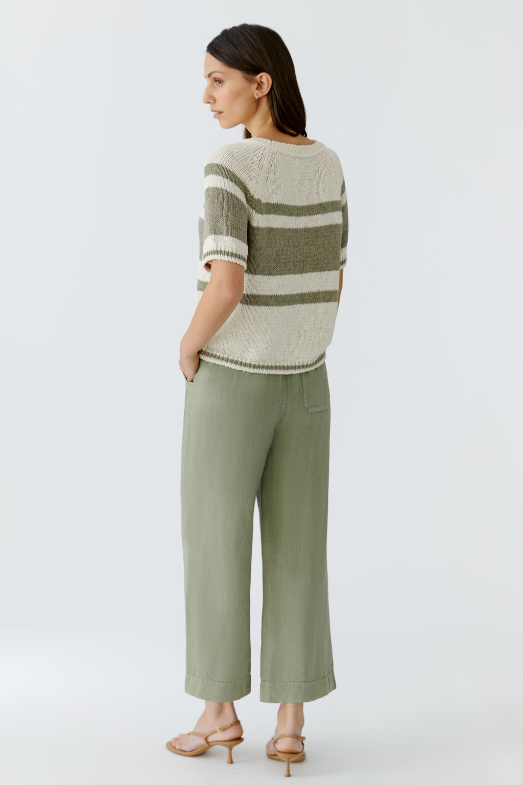 Back view of Oui 97251 Stripe Short Sleeve Knit White Green by Oui, shop Oui at Dotique for timeless knitwear style