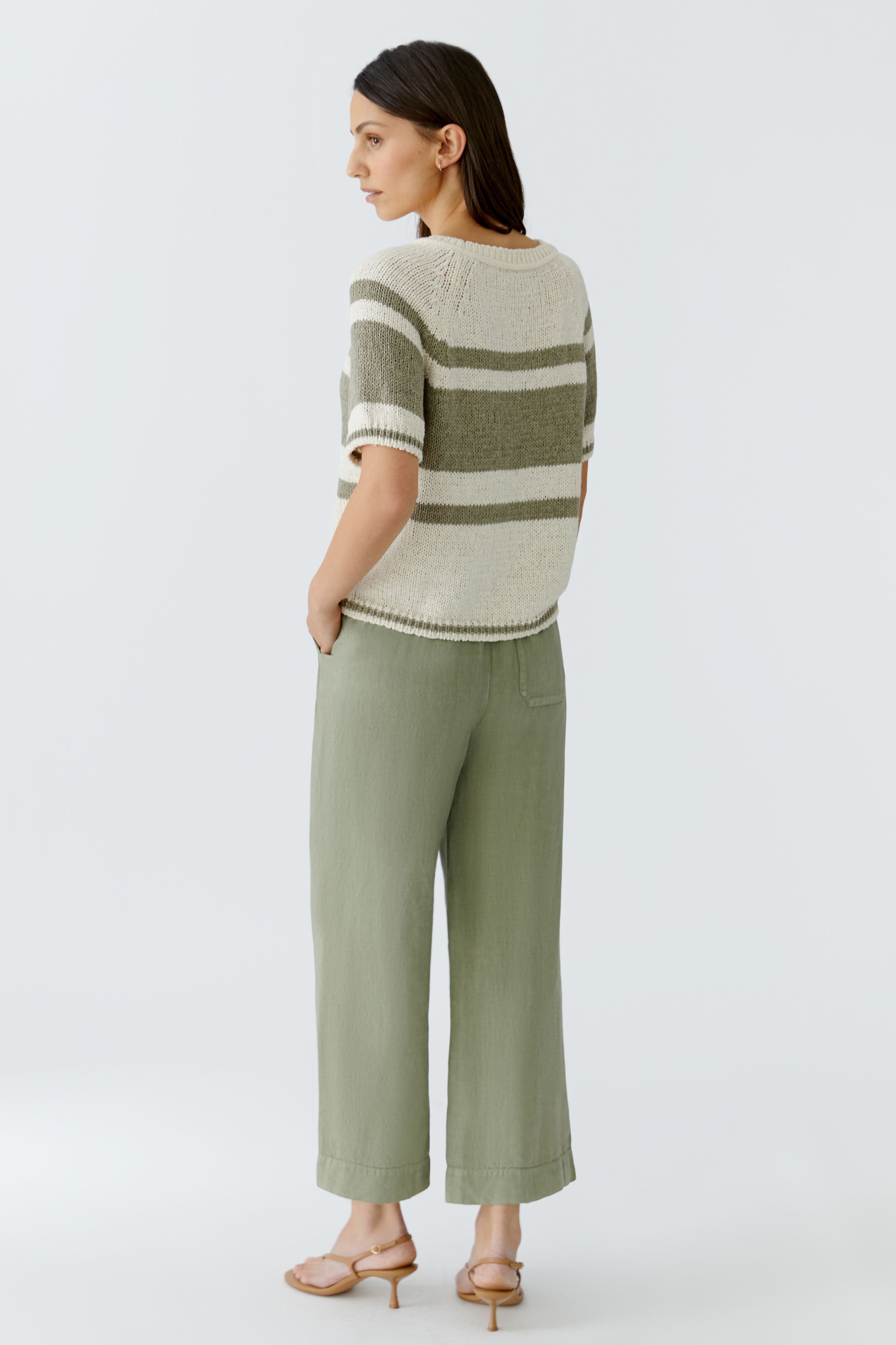 Back view of Oui 97251 Stripe Short Sleeve Knit White Green by Oui, shop Oui at Dotique for timeless knitwear style