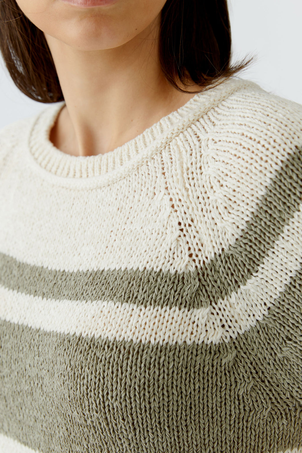 Close-up of knit texture on Oui 97251 Stripe Short Sleeve Knit White Green by Oui, shop Oui at Dotique for relaxed style