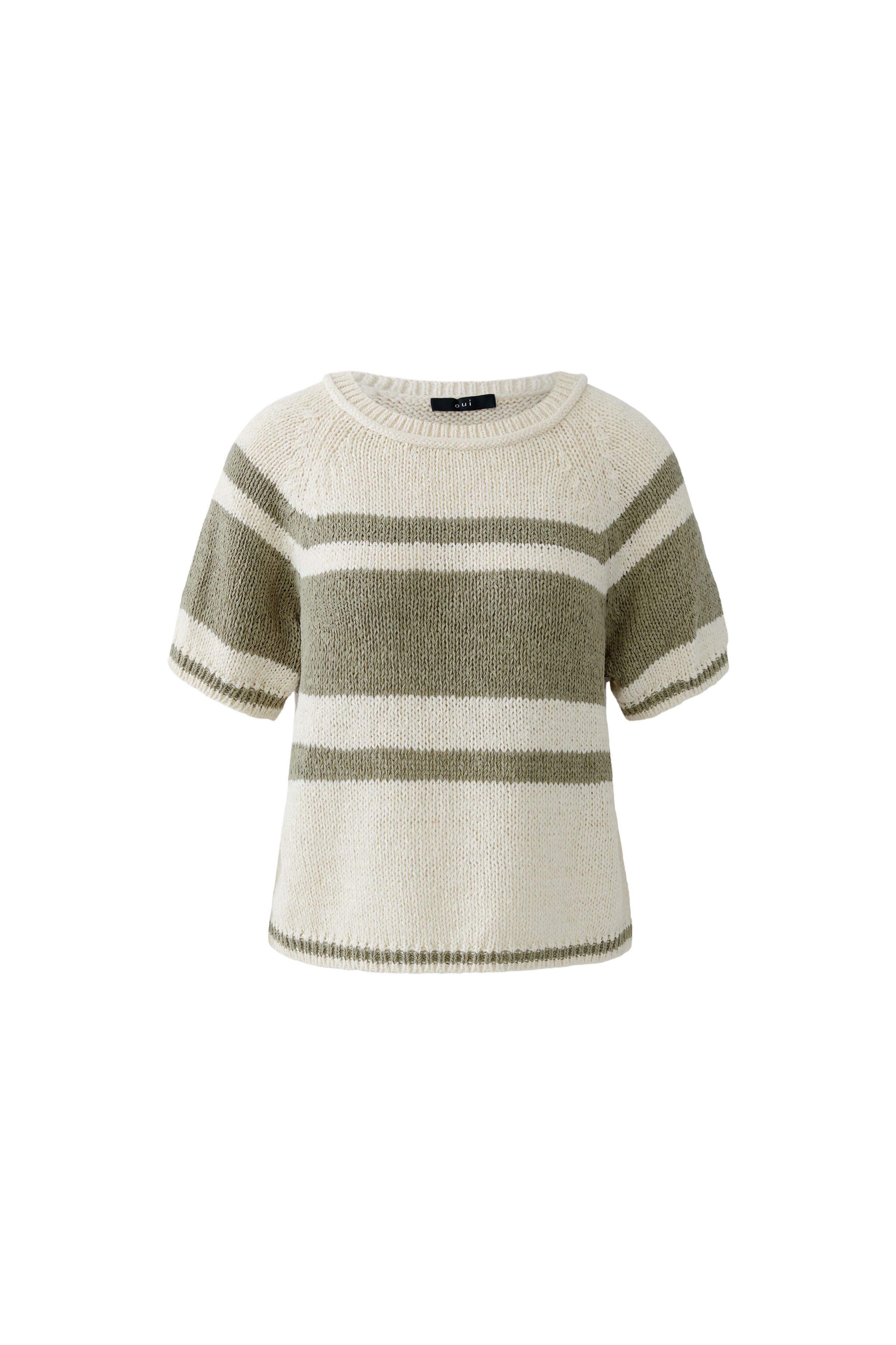 Oui 97251 Stripe Short Sleeve Knit White Green by Oui in soft striped knit, shop Oui at Dotique for casual comfort and style