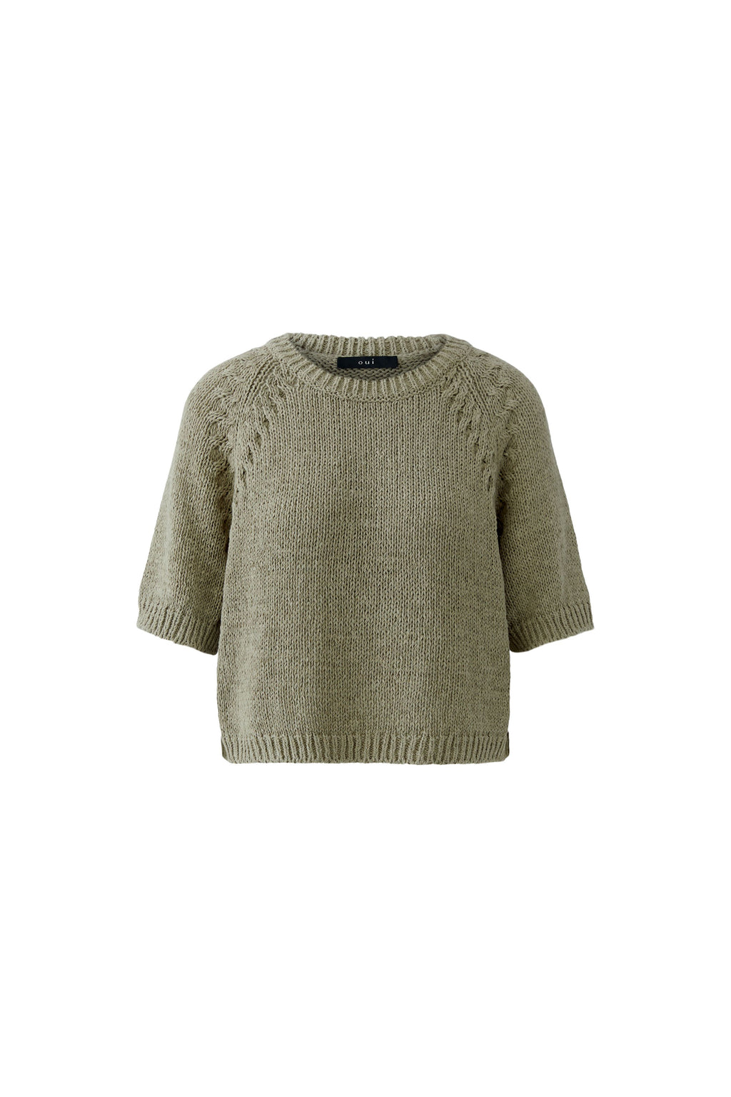 Front view of Oui 97421 Short Sleeve Knit Seagrass Jumper by Oui, shop Oui at Dotique for relaxed knitwear style