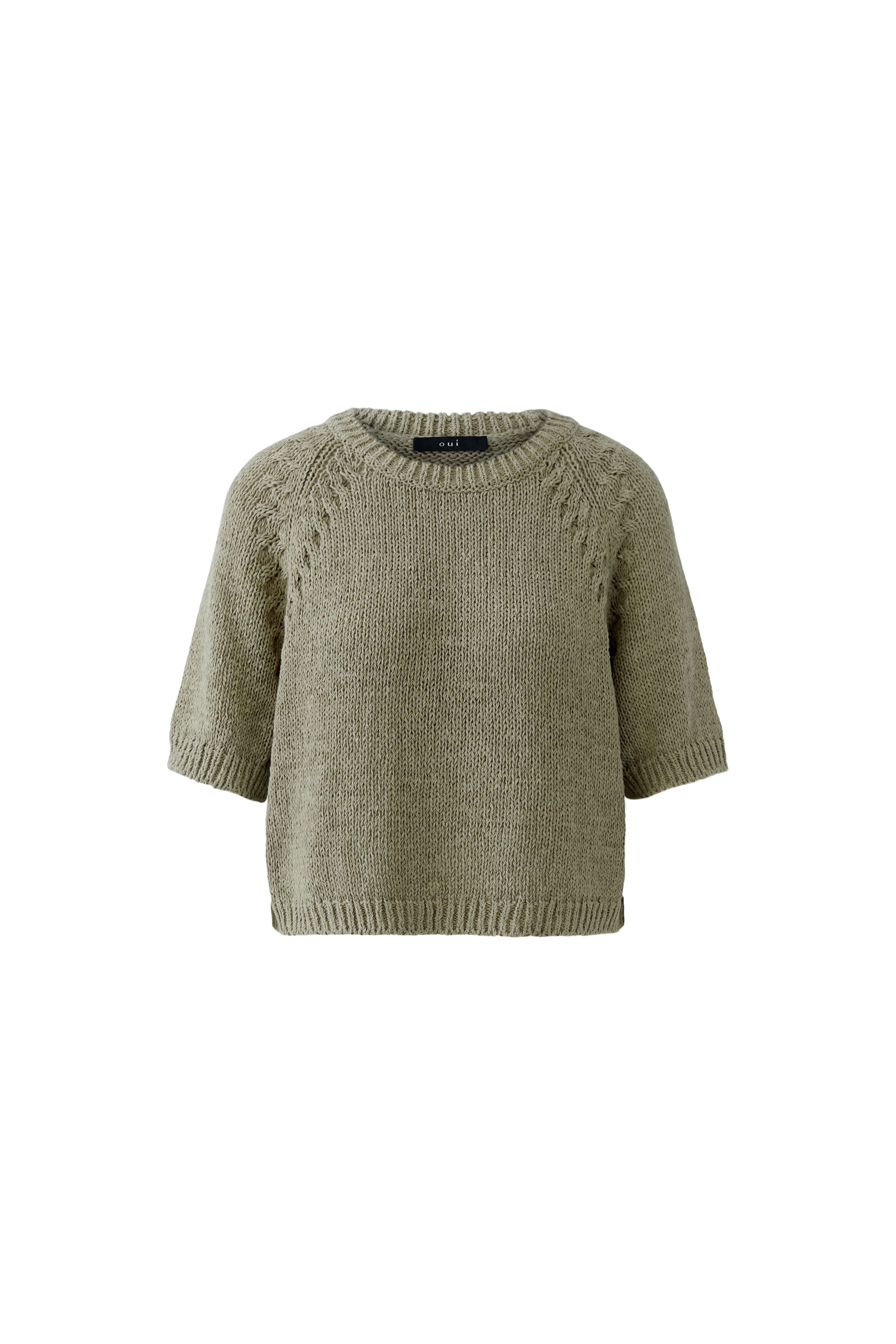 Front view of Oui 97421 Short Sleeve Knit Seagrass Jumper by Oui, shop Oui at Dotique for relaxed knitwear style
