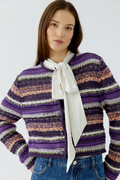 Make a colourful statement with this striking Oui knit cardigan, woven in a special yarn mix that combines rich purple, orange and green stripes with a subtle shimmer of micropaillettes. Cut in a narrow, shortened silhouette, it has a round neckline finished with a neat trim and slim, fitted sleeves for a flattering, considered shape. Valuable metal buttons run down the front for a refined finishing touch.