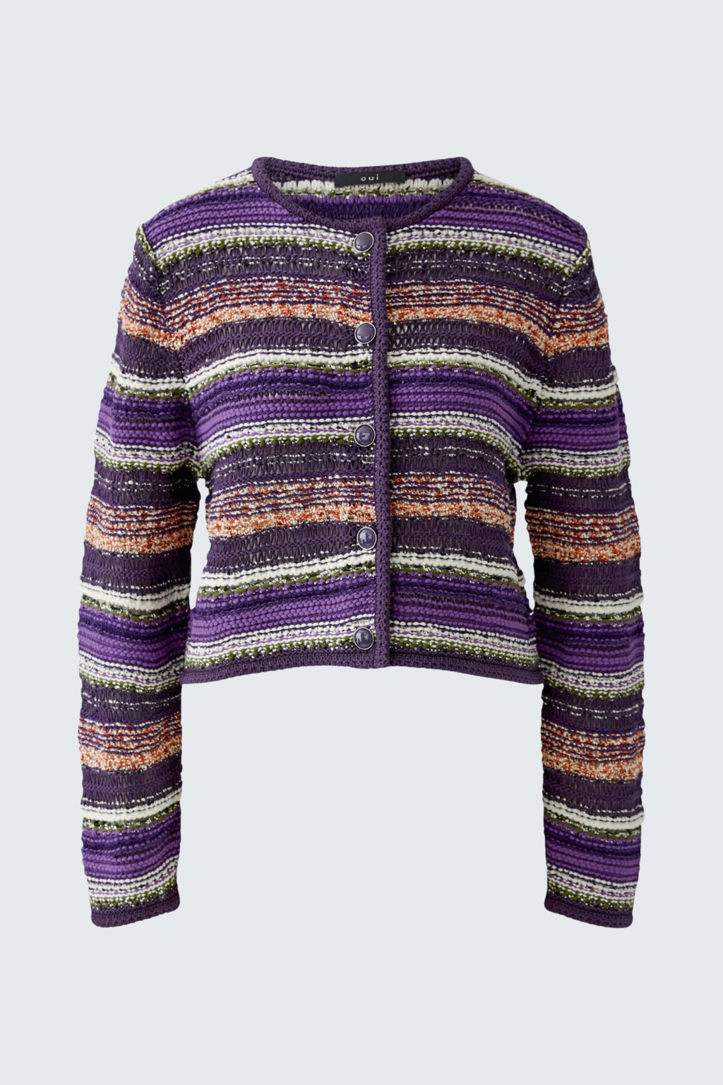 A cropped knit cardigan sweater with horizontal stripes in purple, black, orange, and white, featuring a button-up front and long sleeves, shown against a light gray background.