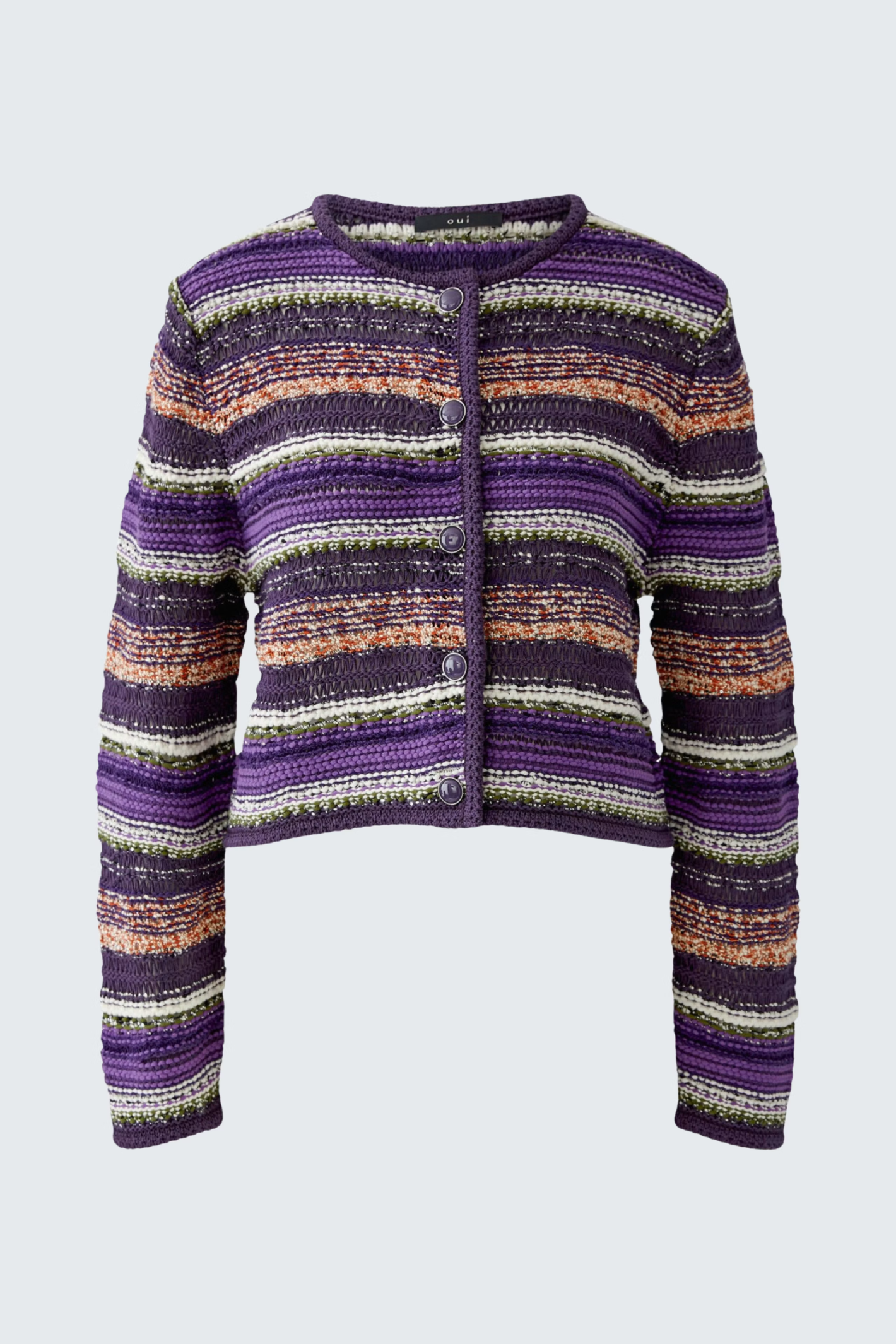 A cropped knit cardigan sweater with horizontal stripes in purple, black, orange, and white, featuring a button-up front and long sleeves, shown against a light gray background.