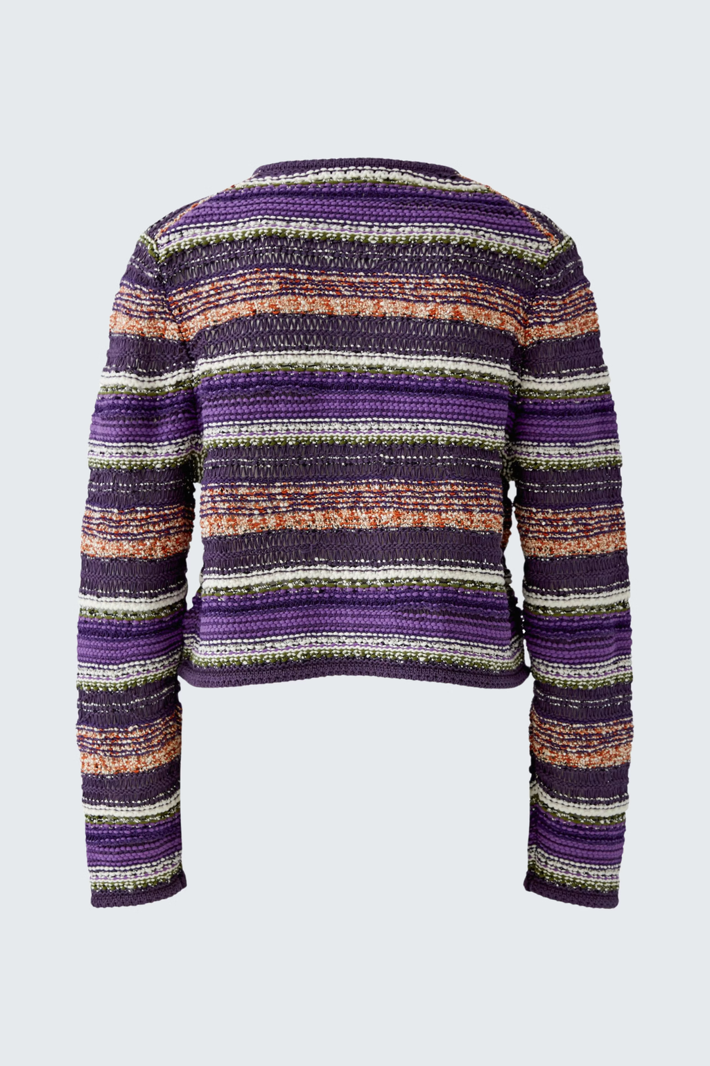A cropped knit sweater with horizontal stripes in purple, orange, beige, and white, shown from the back on a light gray background.