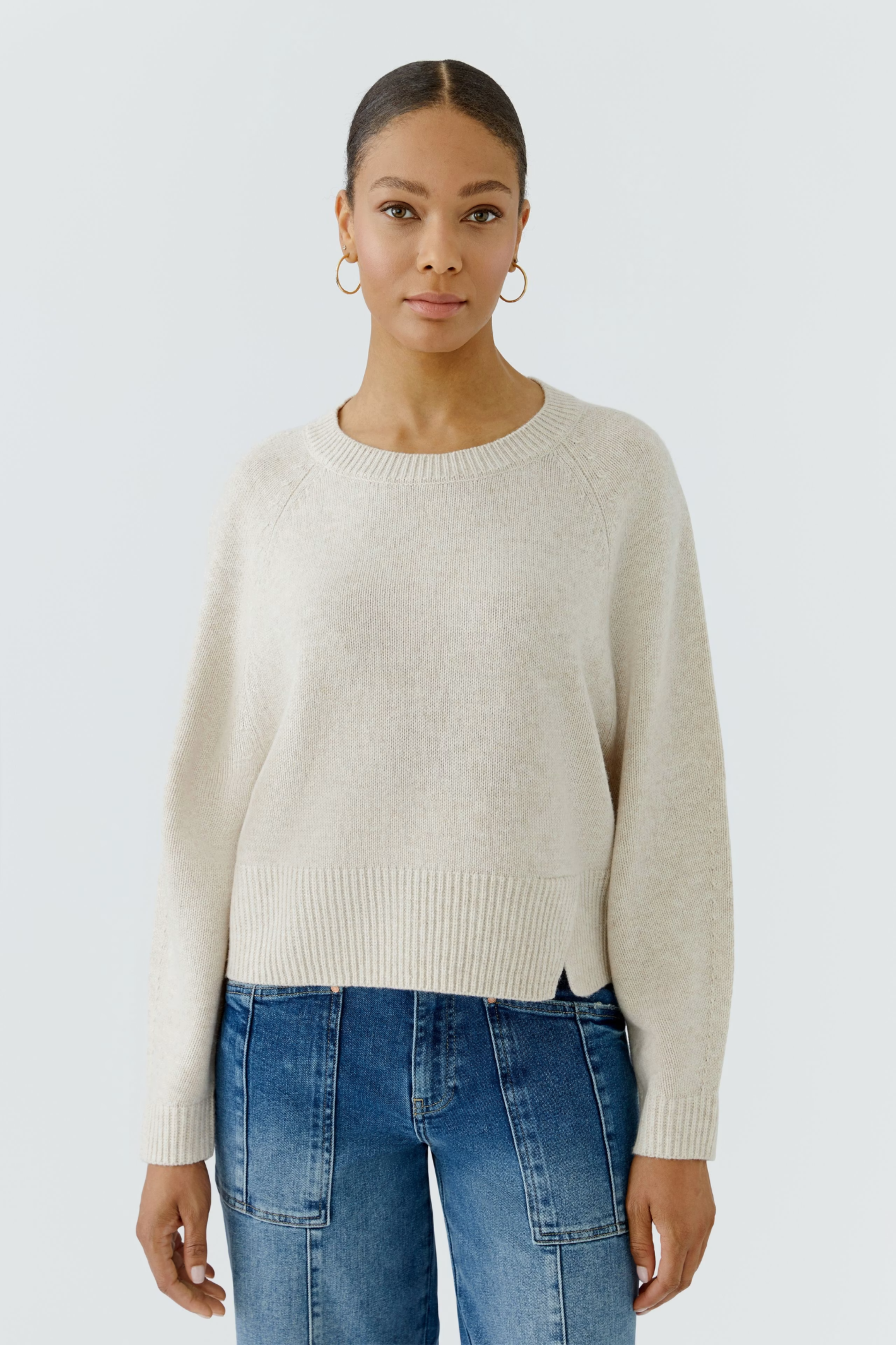 Dotique Oui ANGEL knit pullover in light beige melange with a relaxed fit and boat neckline.