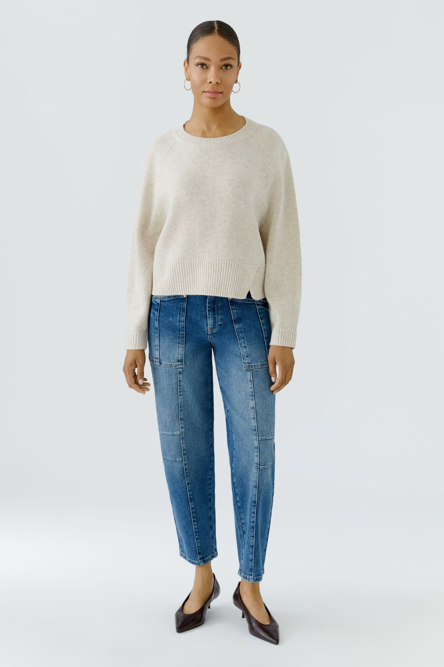 Dotique Oui ANGEL knit pullover in light beige melange with a relaxed fit and boat neckline.