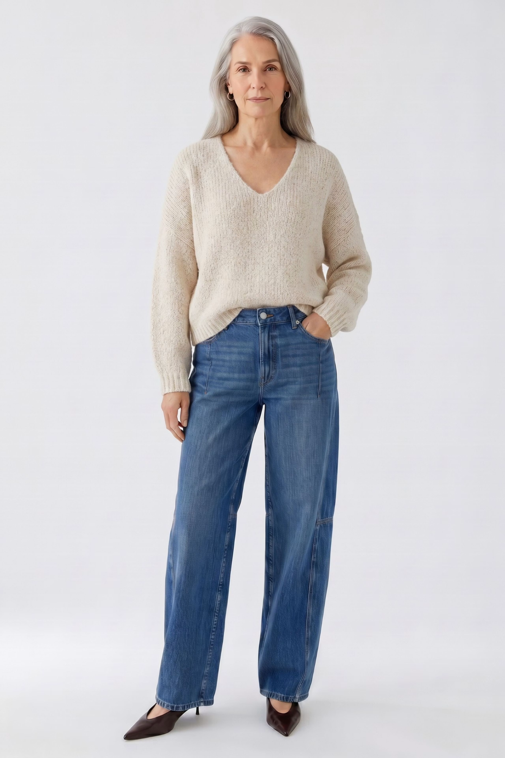 Oui light beige mel oversized V-neck pullover – Dotique