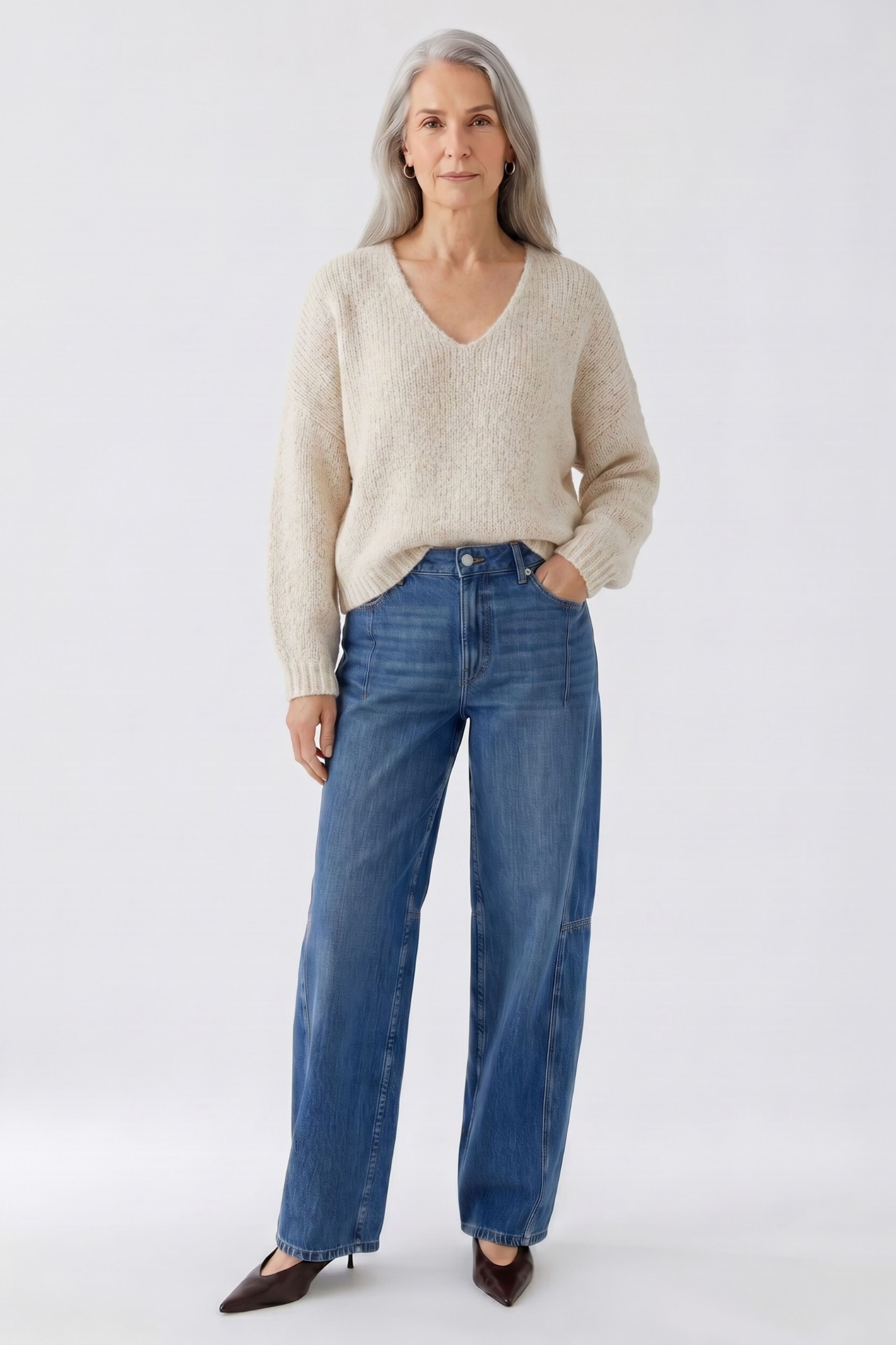 Oui light beige mel oversized V-neck pullover – Dotique