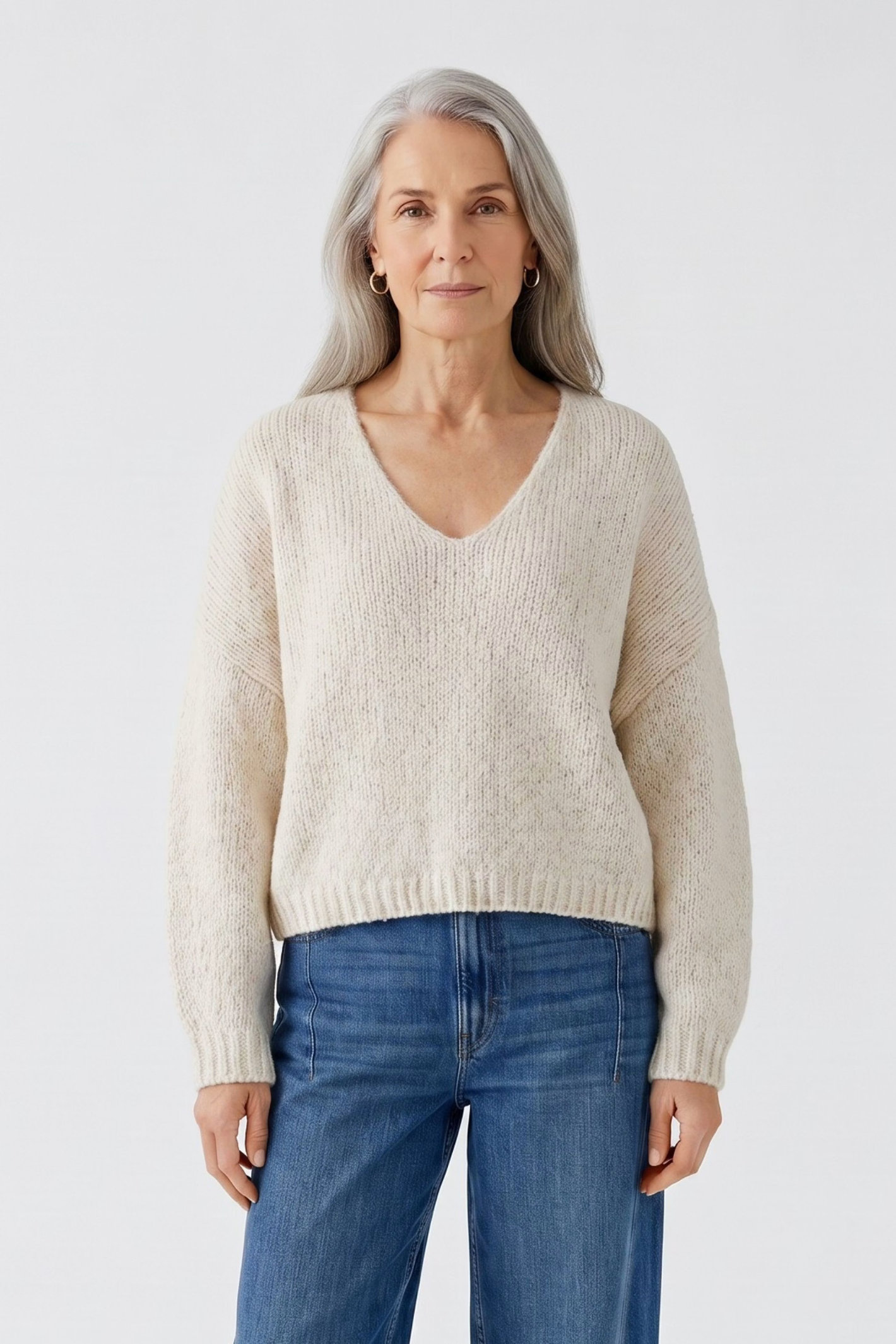 Oui light beige mel oversized V-neck pullover – Dotique