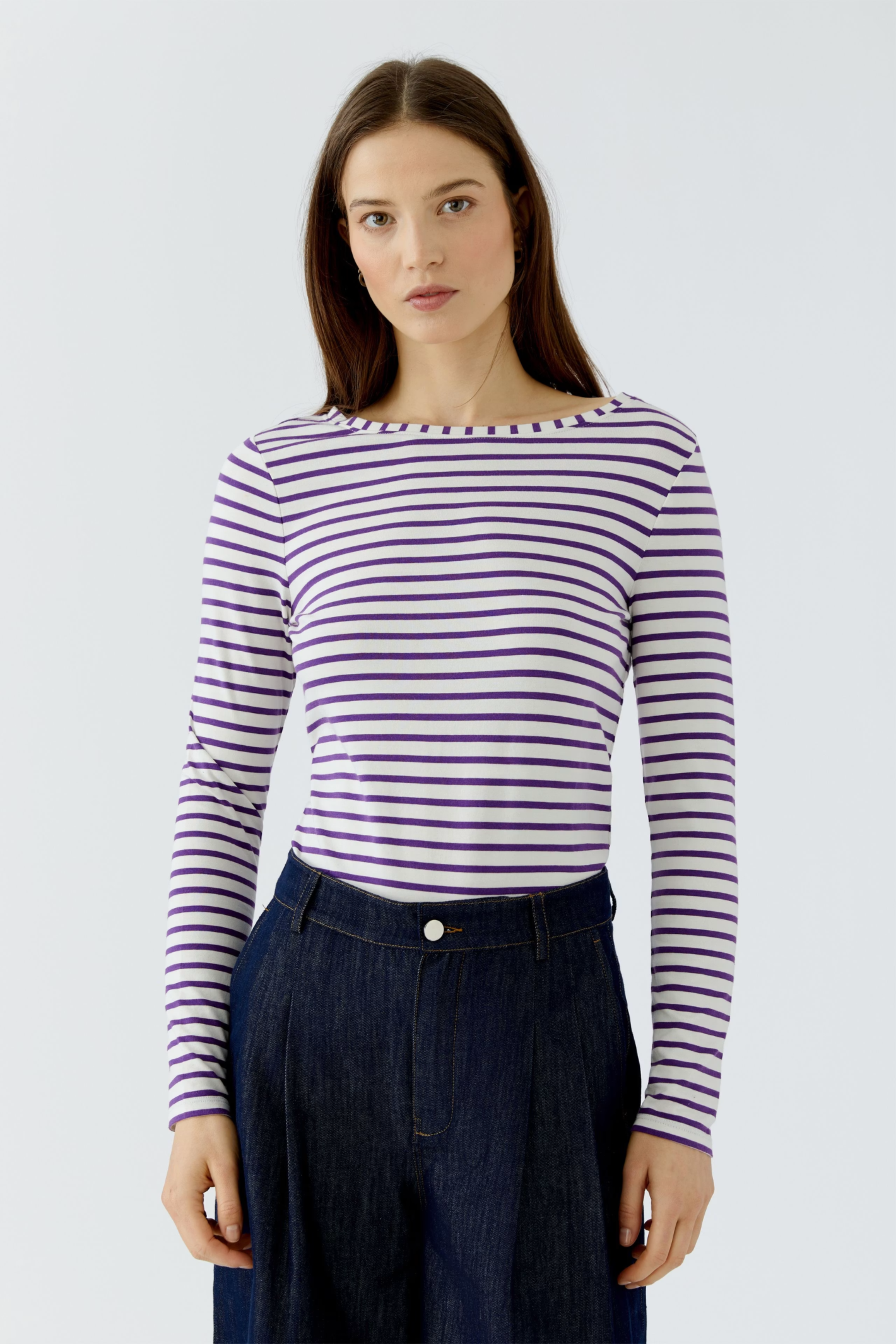Oui Sumiko long sleeve striped shirt in violet and white with a fitted silhouette. Shop Oui at Dotique.