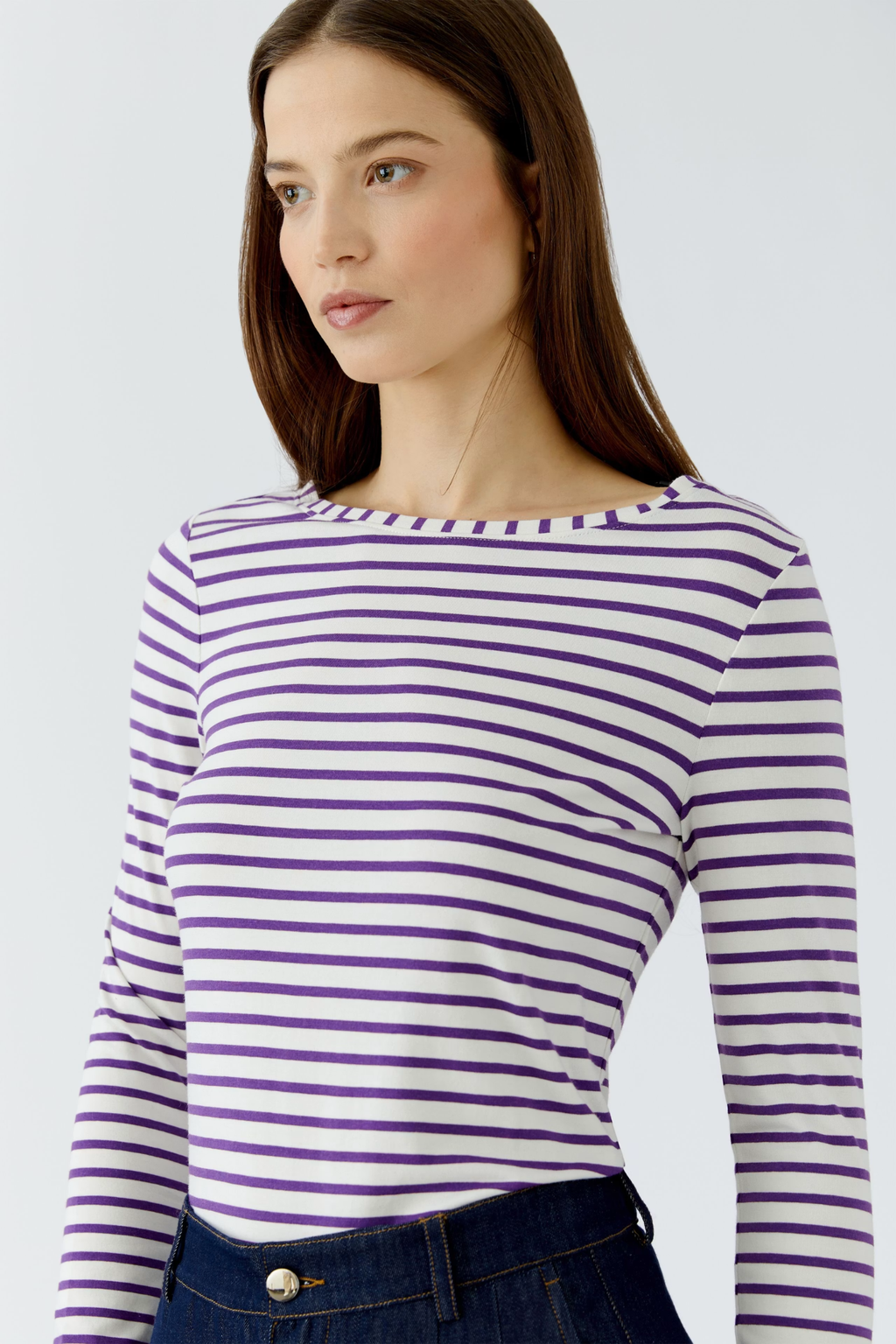 Oui Sumiko long sleeve striped shirt in violet and white with a fitted silhouette. Shop Oui at Dotique.
