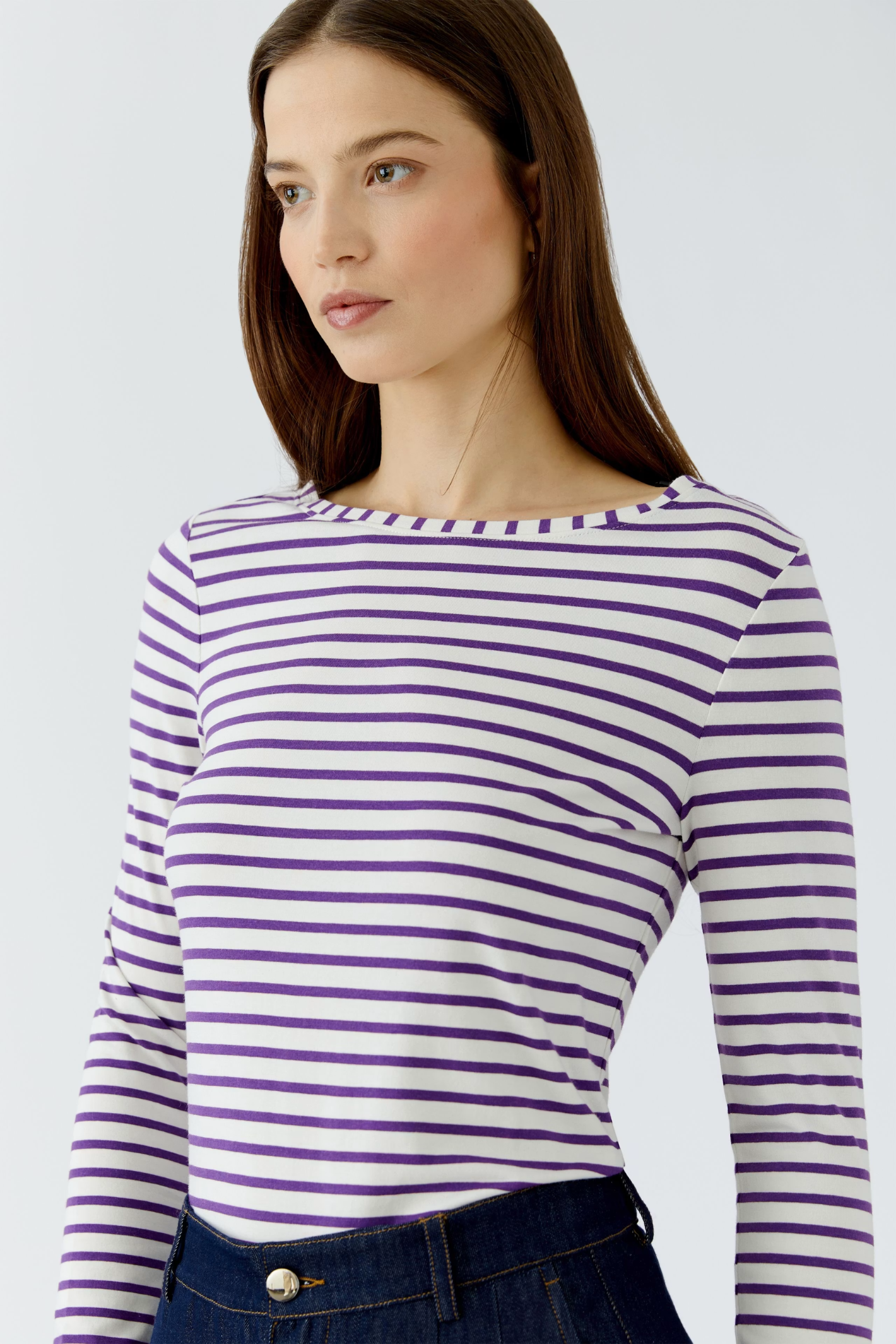 Oui Sumiko long sleeve striped shirt in violet and white with a fitted silhouette. Shop Oui at Dotique.