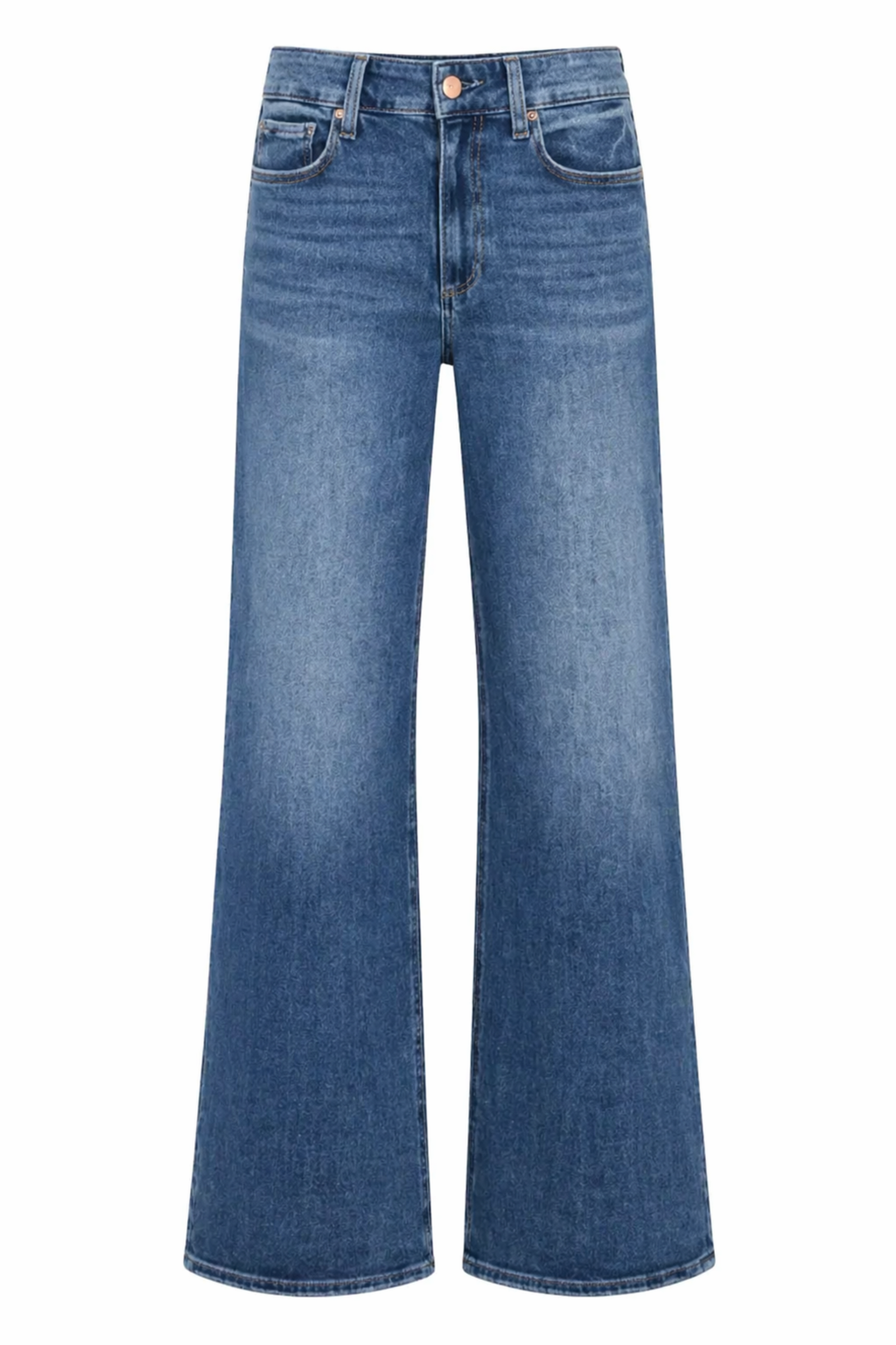 Front view of blue denim PAIGE Anessa 31" High Rise Wide Leg Jeans Freeride with classic five-pocket styling. Shop PAIGE at Dotique.