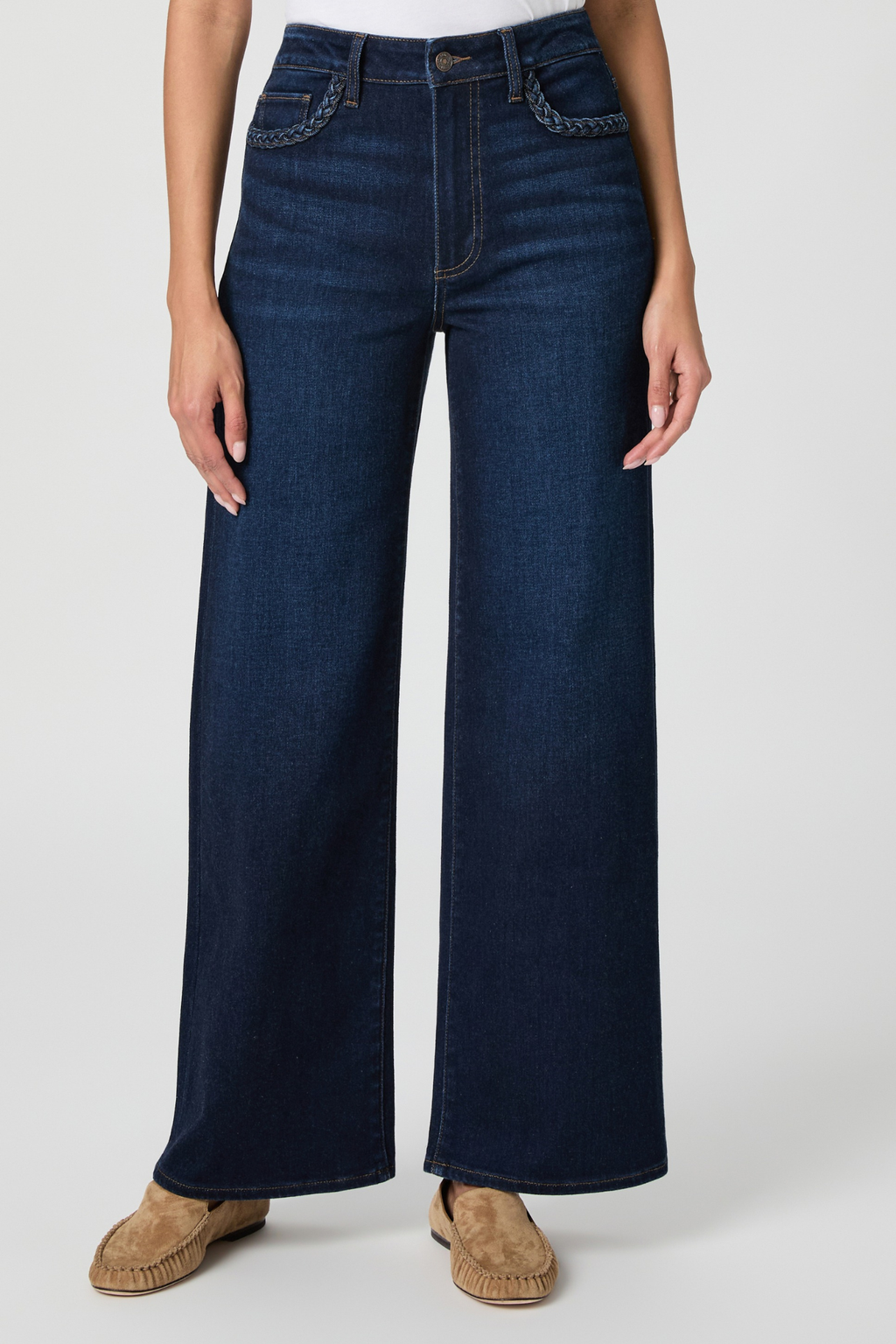 PAIGE Anessa 31" W/ Braided Pocket Edge Jeans - Eterno by PAIGE, available to shop at Dotique, front view.