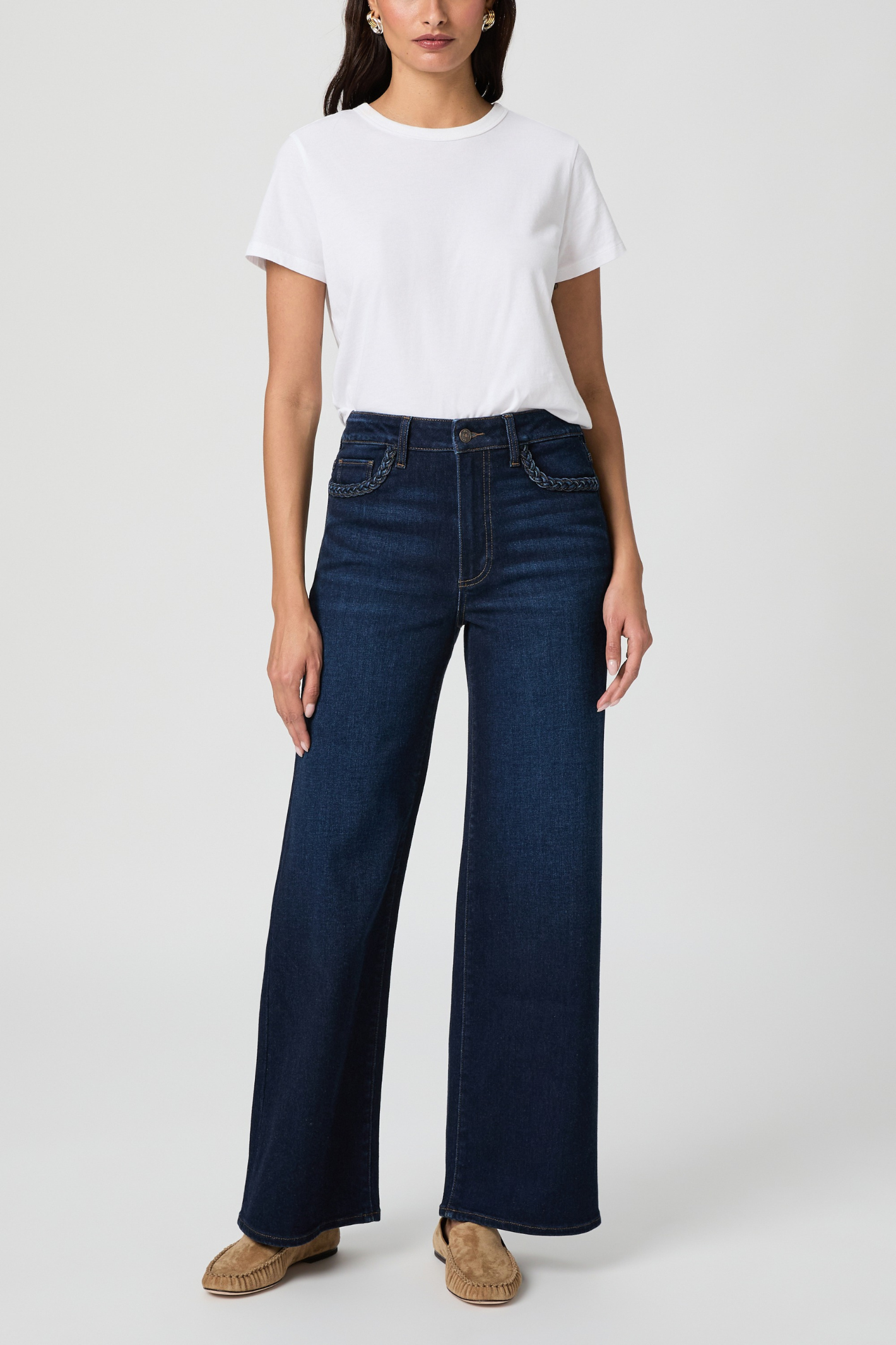Woman wearing PAIGE Anessa 31" W/ Braided Pocket Edge Jeans - Eterno by PAIGE, shop PAIGE at Dotique.