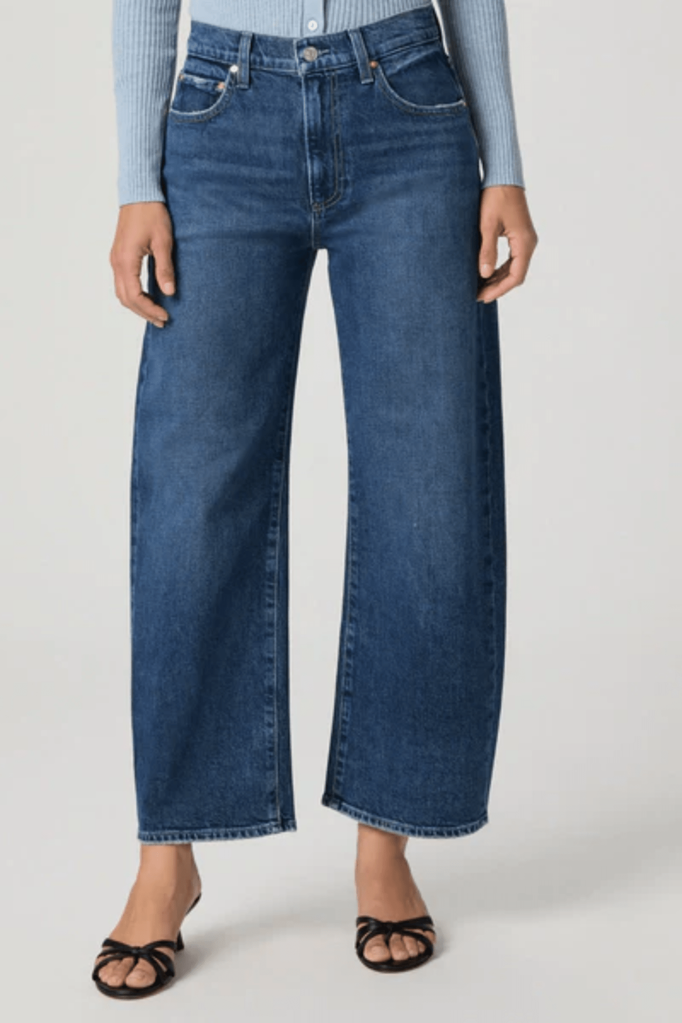 Paige Denim Ariella Ankle Barrel Leg Jean in mid blue Soundcheck wash, cropped barrel leg style

