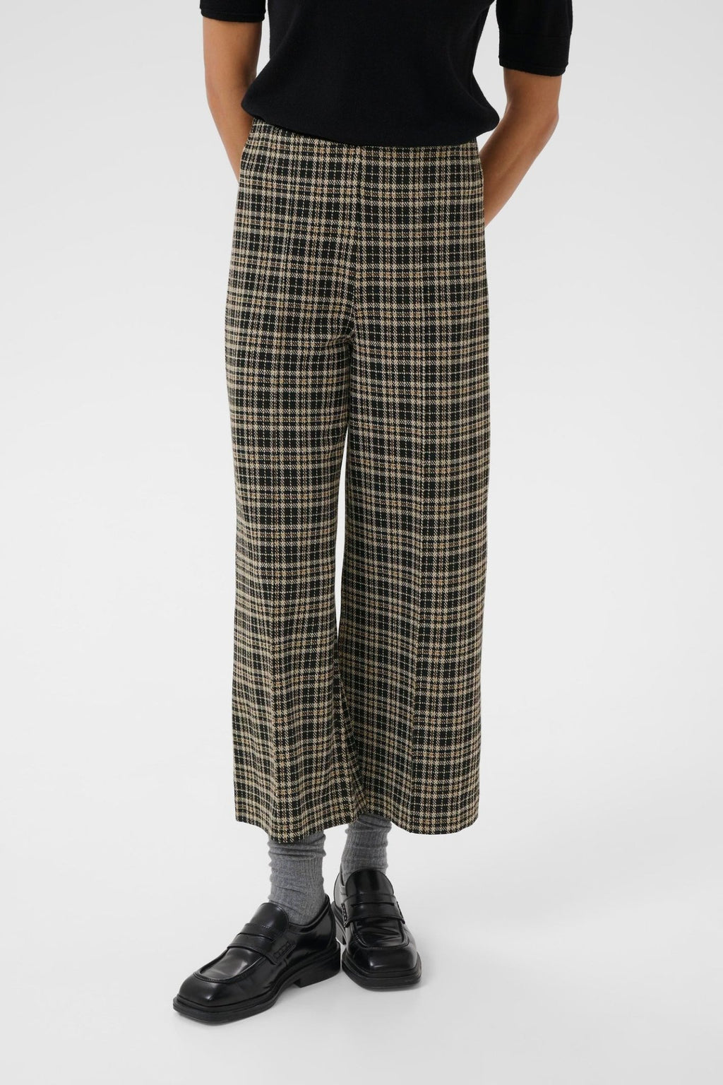Part Two IlisanPW PA pull-on trousers dark navy check with elasticated waistband and no button fastening.

