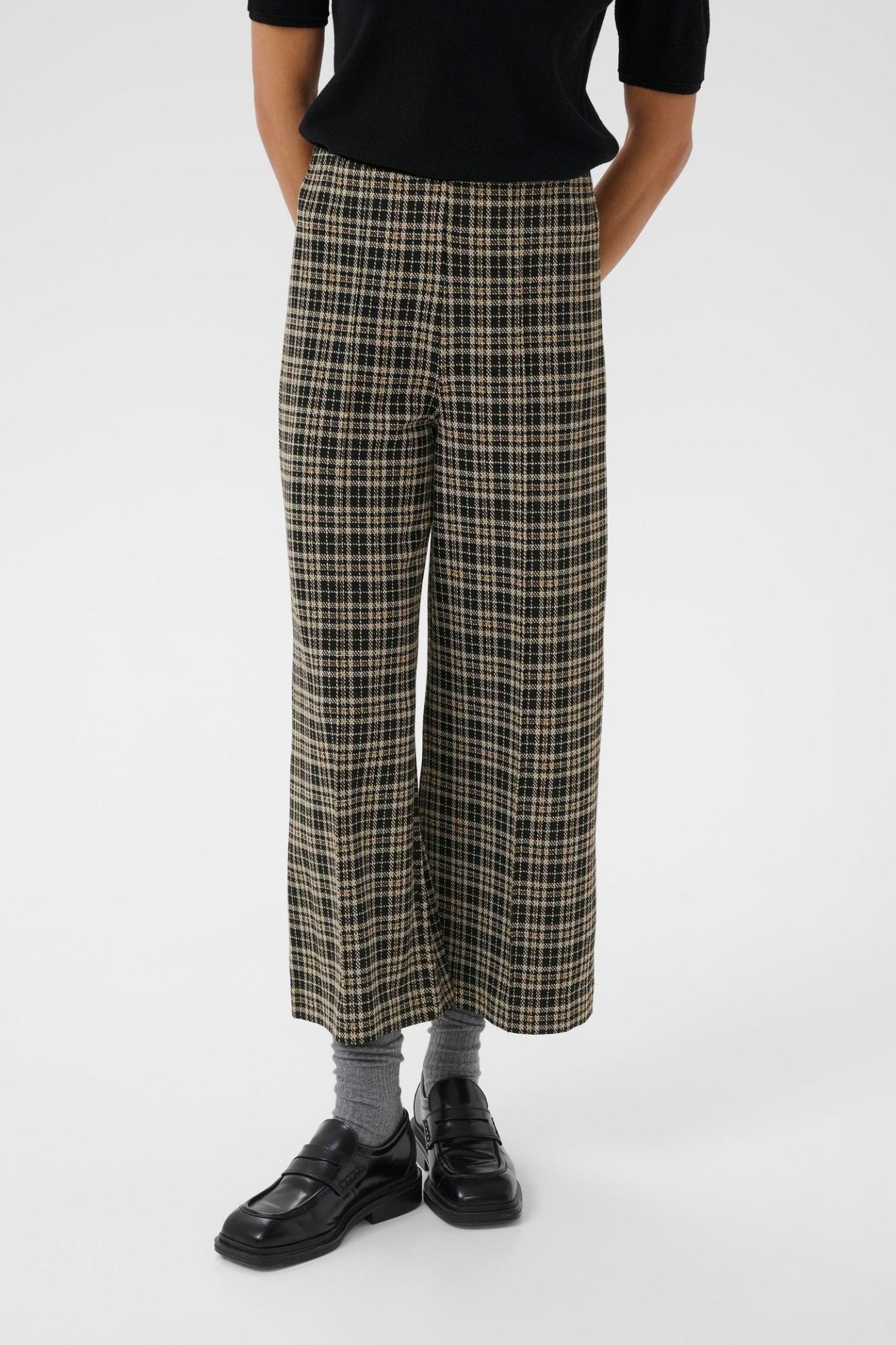 Part Two IlisanPW PA pull-on trousers dark navy check with elasticated waistband and no button fastening.

