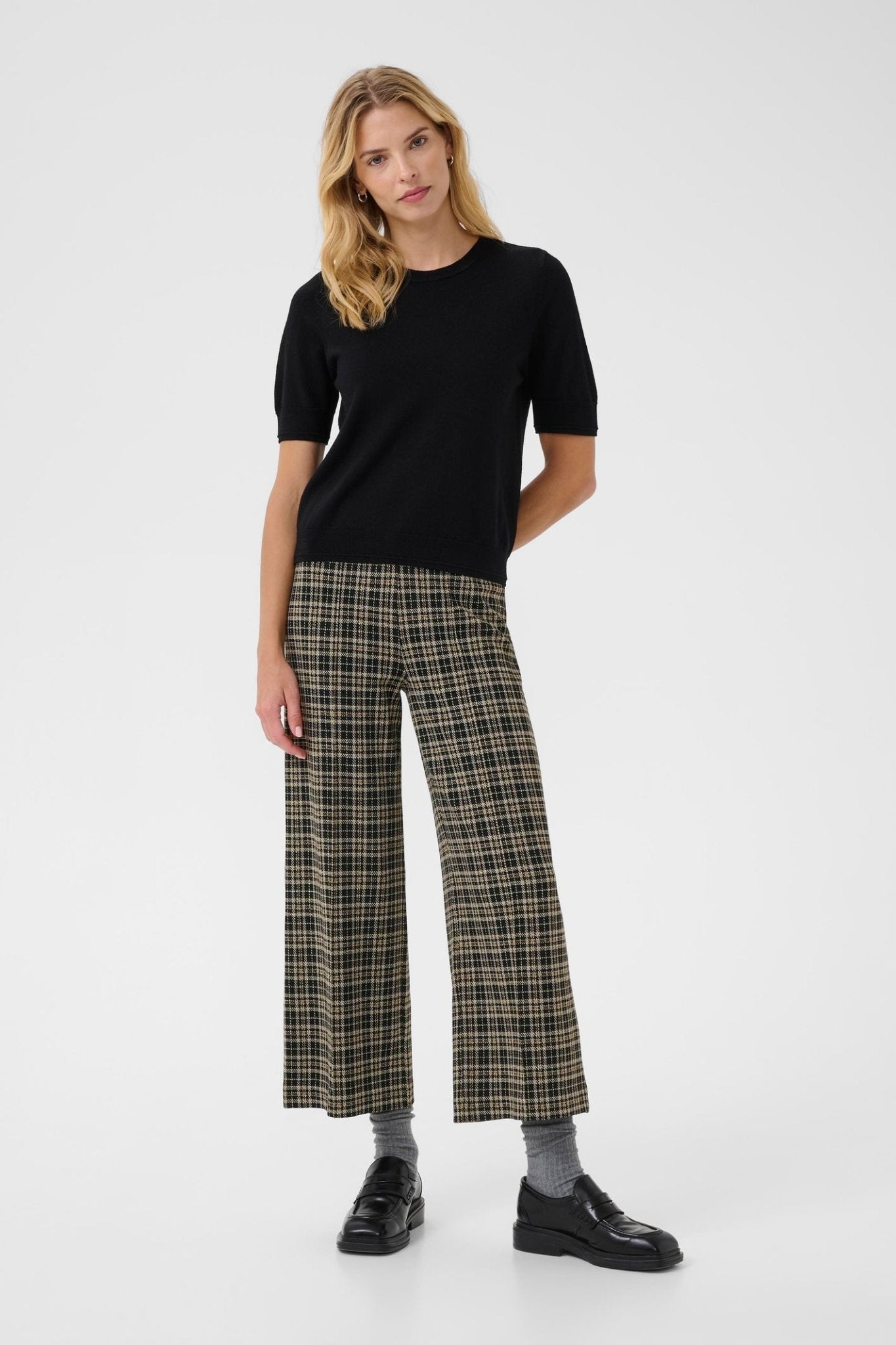 Part Two IlisanPW PA pull-on trousers dark navy check with elasticated waistband and no button fastening.

