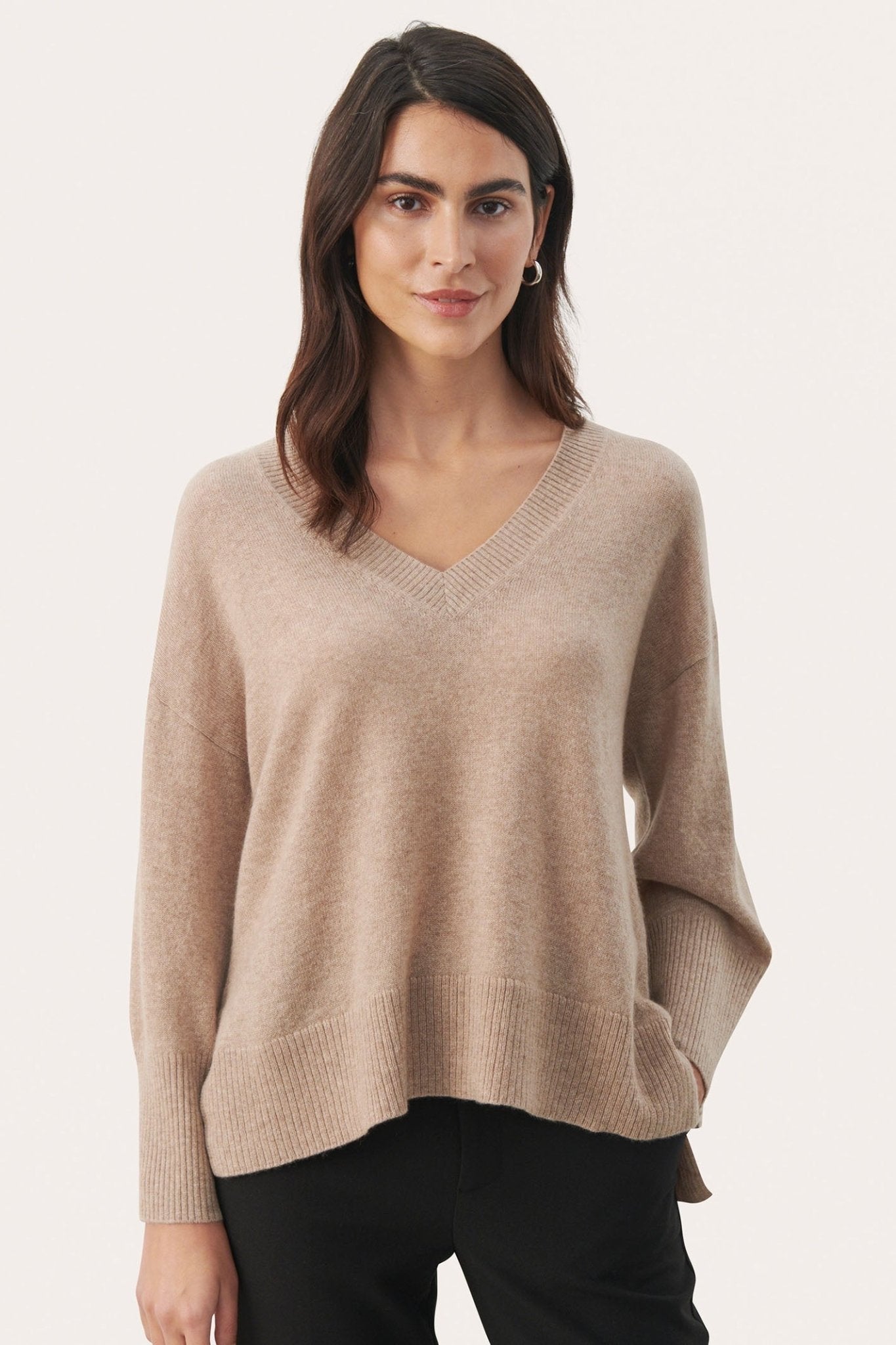 Part Two 30305876 HellinPW V - Neck Jumper Light Camel Taupe Melange - Dotique - Part Two