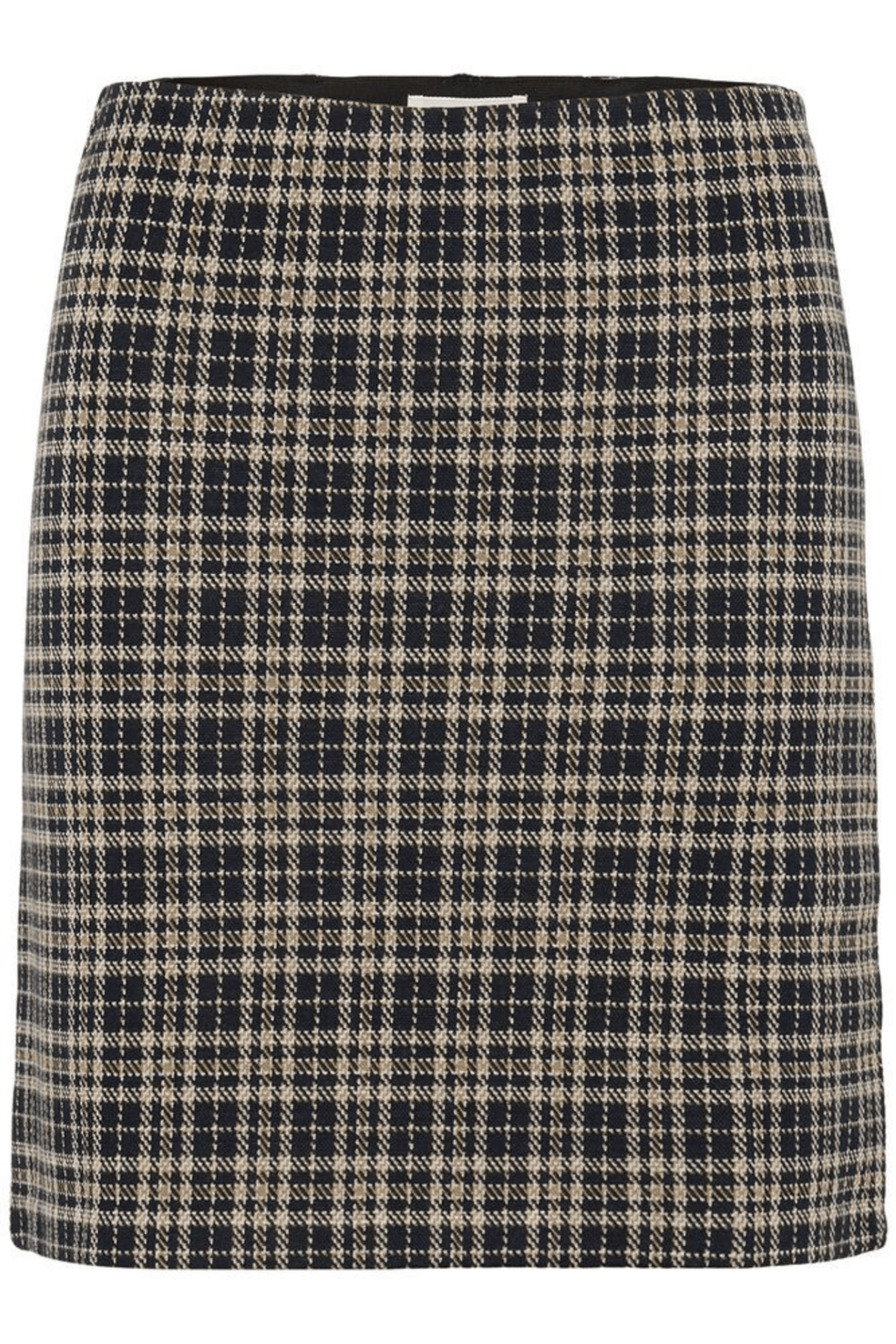 Part Two CorinnePW dark navy check skirt at Dotique – mid-length A-line skirt with front pleats.
