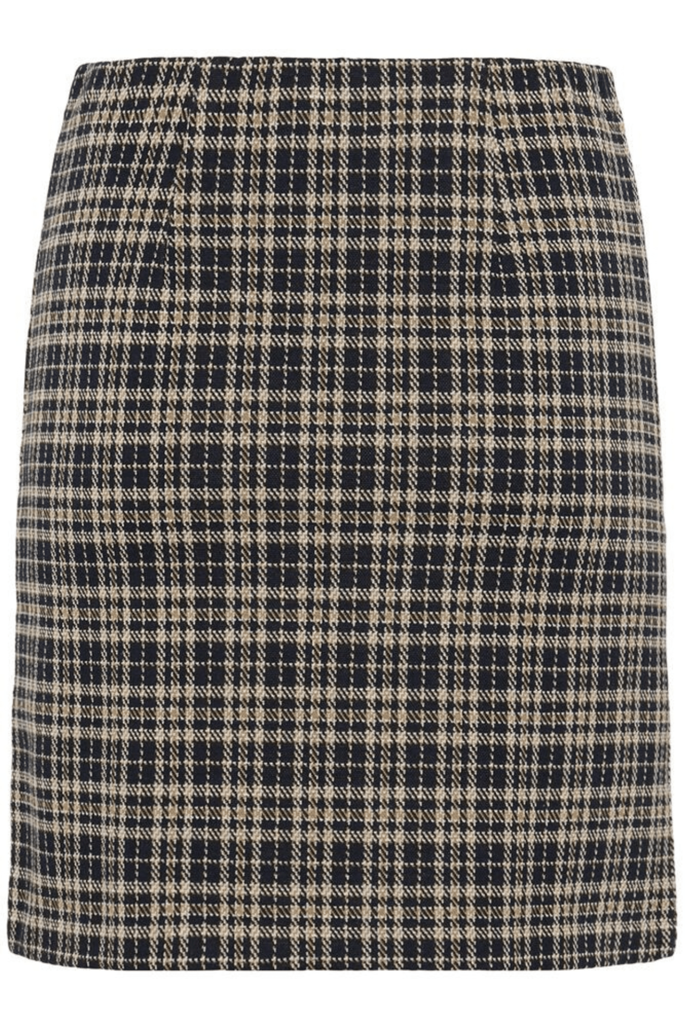 Part Two CorinnePW dark navy check skirt at Dotique – mid-length A-line skirt with front pleats.