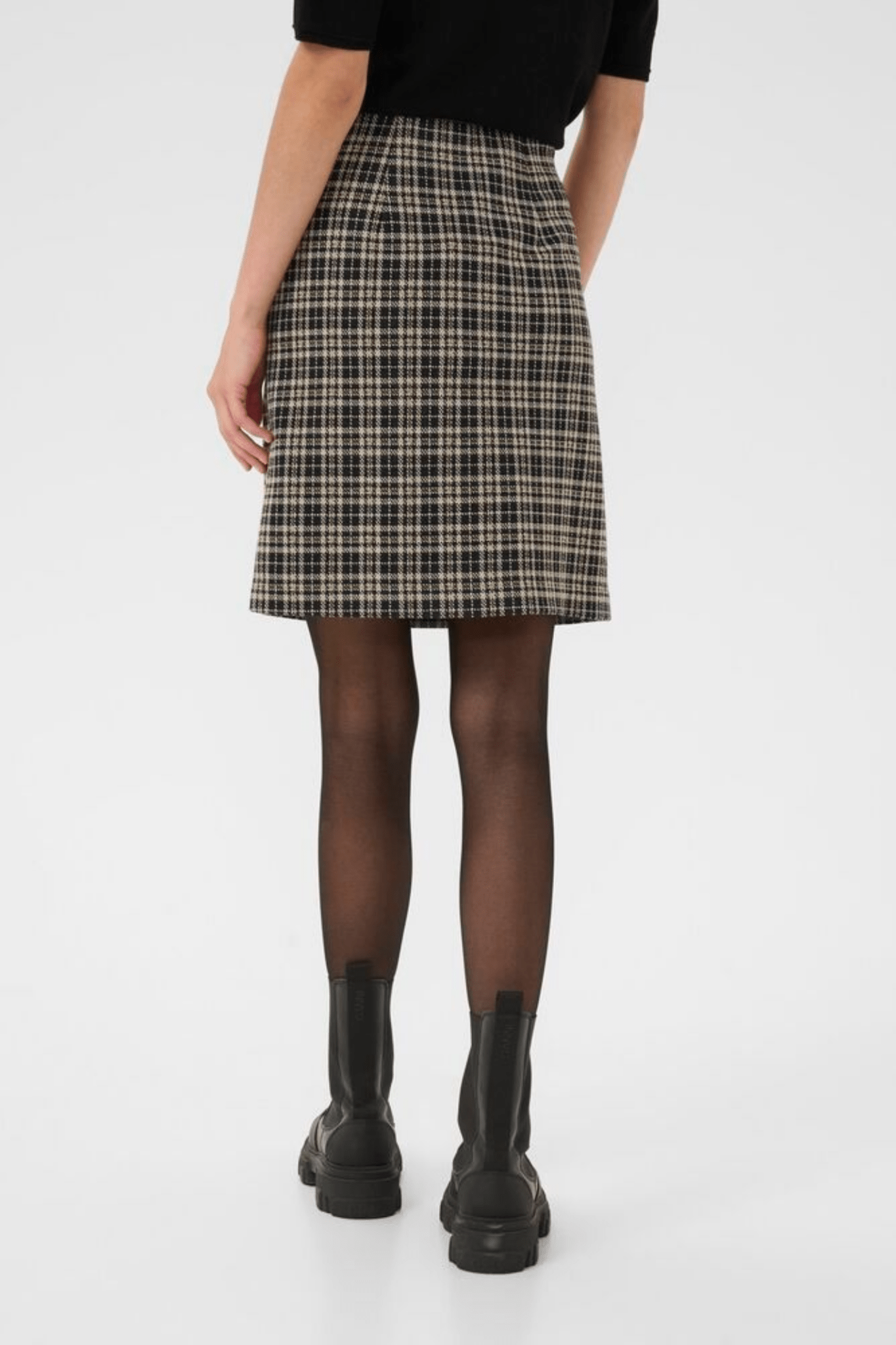 Part Two CorinnePW dark navy check skirt at Dotique – mid-length A-line skirt with front pleats.